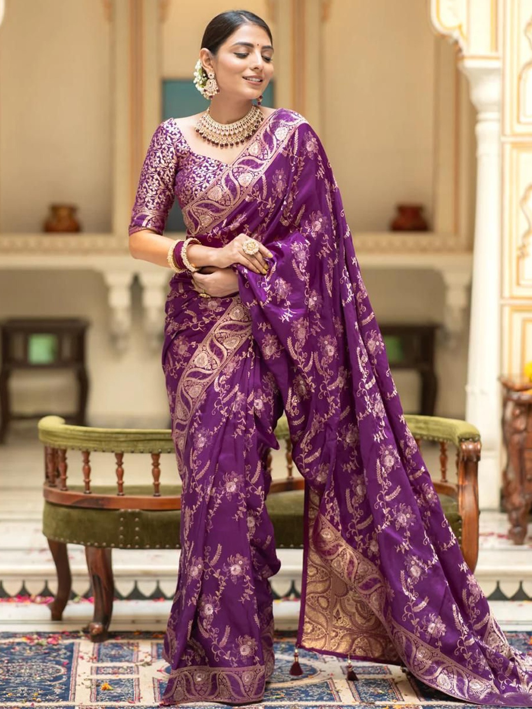 

zinzraa Ethnic Motifs Zari Pure Silk Kanjeevaram Saree, Purple