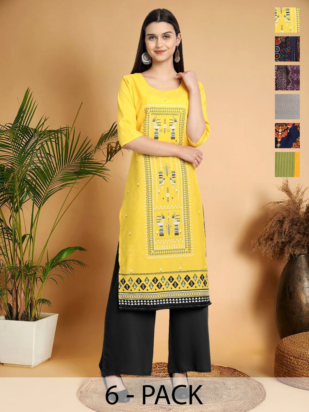 

7Threads Selection Of 6 Geometric Printed Round Neck Kurtas, Yellow