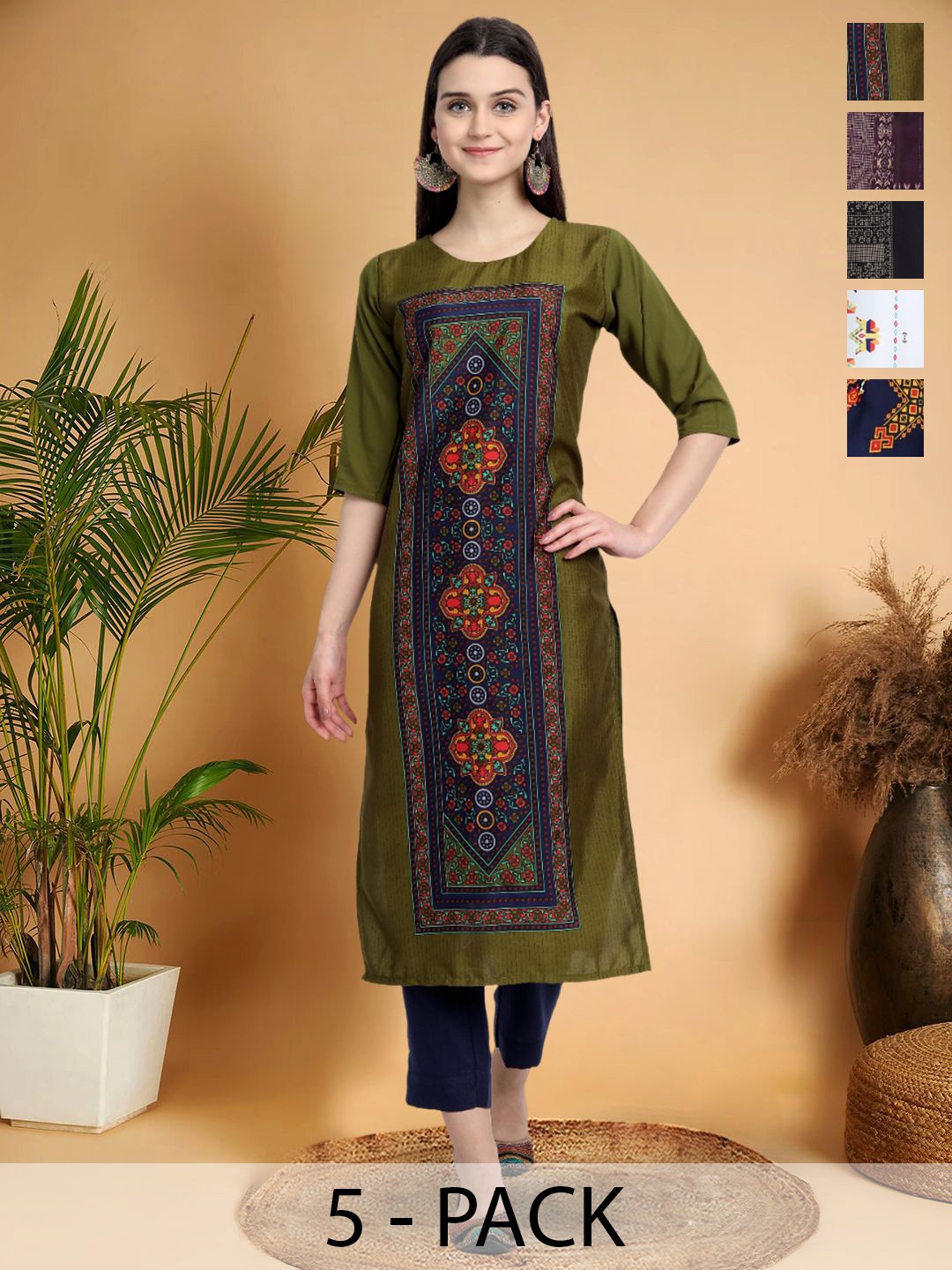 

7Threads Selection Of 5 Geometric Printed Round-Neck Kurta, Green