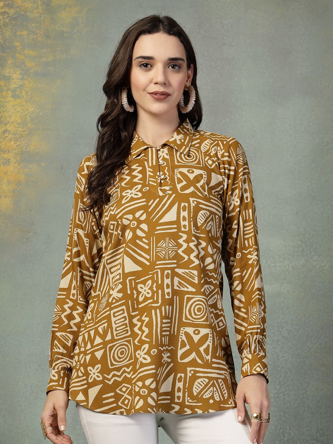 

TANKHI Women Printed Shirt Style Top, Mustard