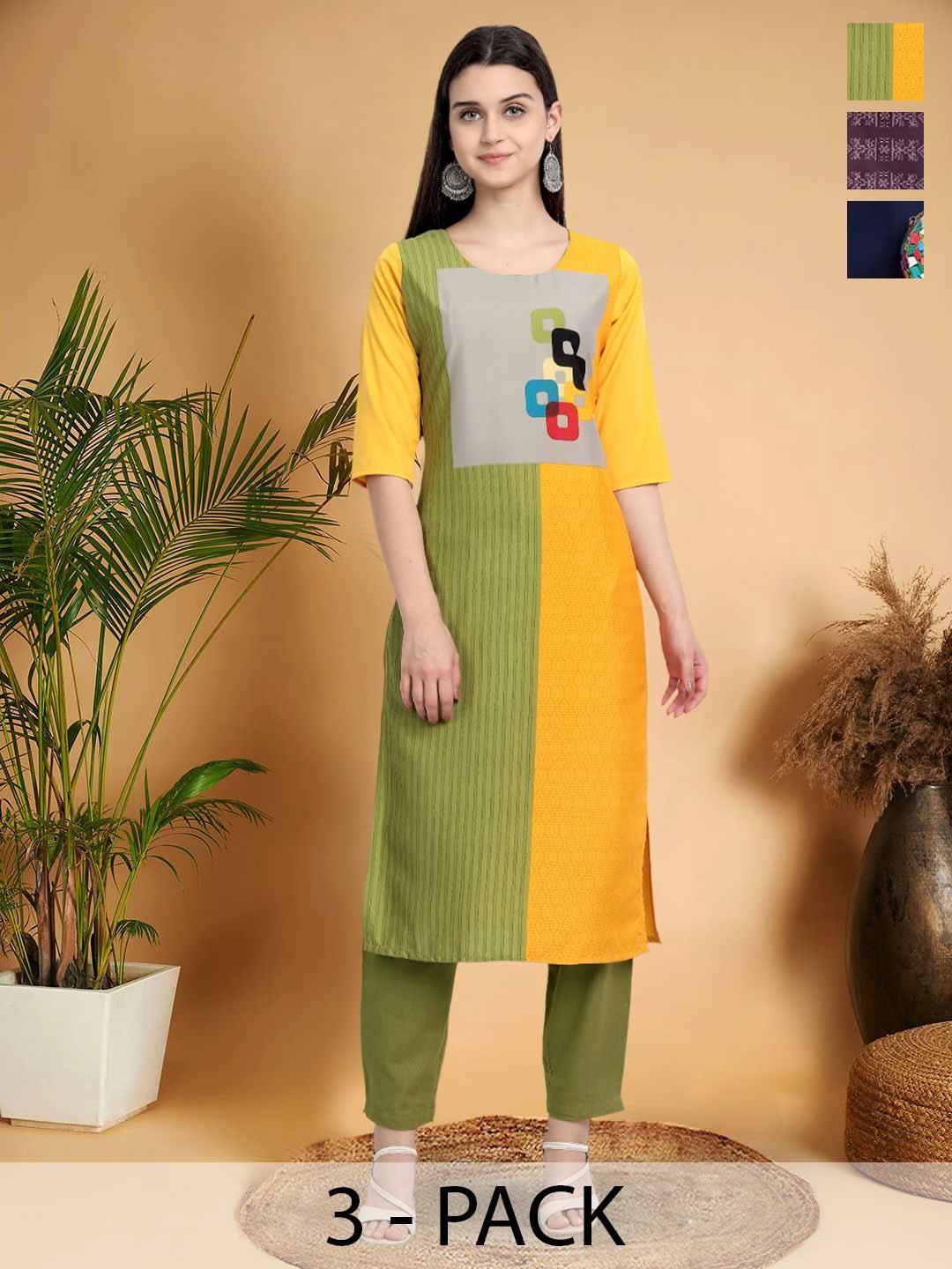 

7Threads Selection Of 3 Geometric Printed Round Neck Straight Kurtas, Green