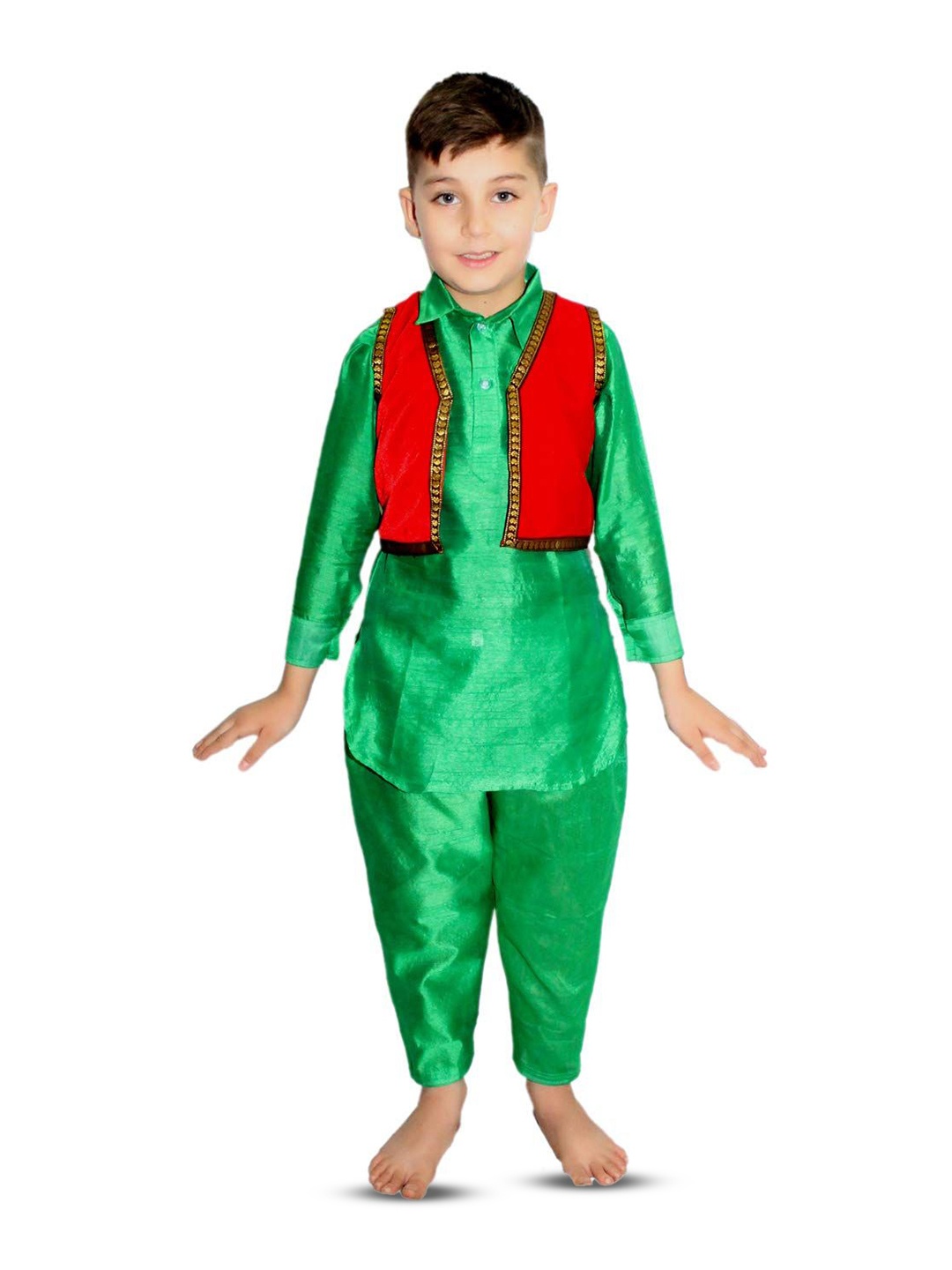 

Kaku Fancy dresses Boys Indian State Kashmiri Dance Costume Kurta With Dhoti Pant & Jacket, Green