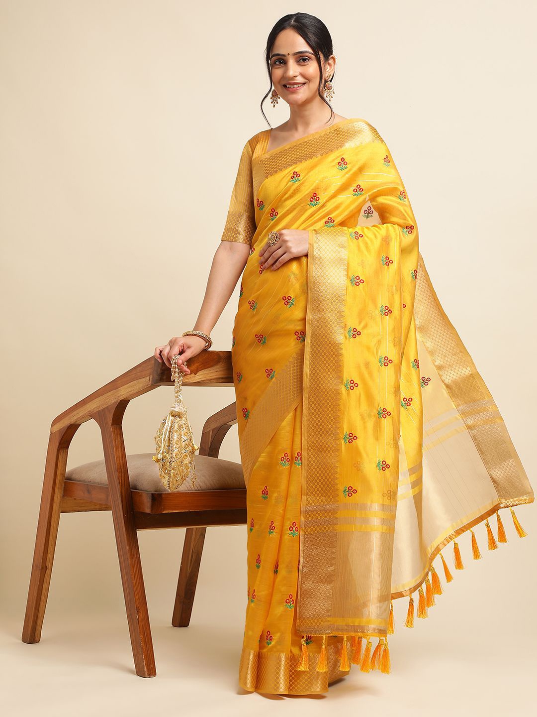 

A.V.M. SILK MILLS Ethnic Motifs Embroidered Pure Cotton Saree, Yellow