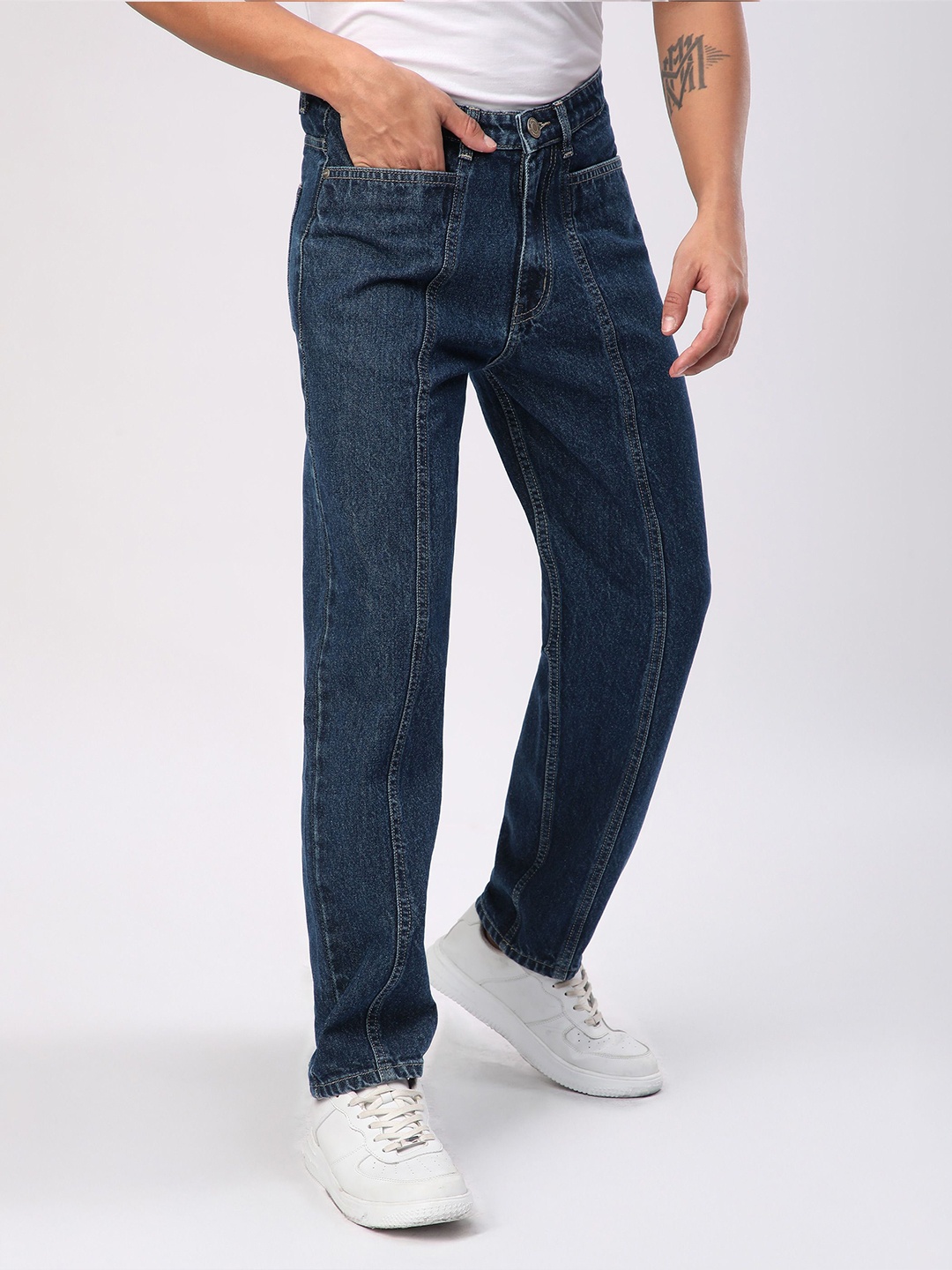 

Beyoung Men Cut and Sew Baggy Fit Jeans, Navy blue
