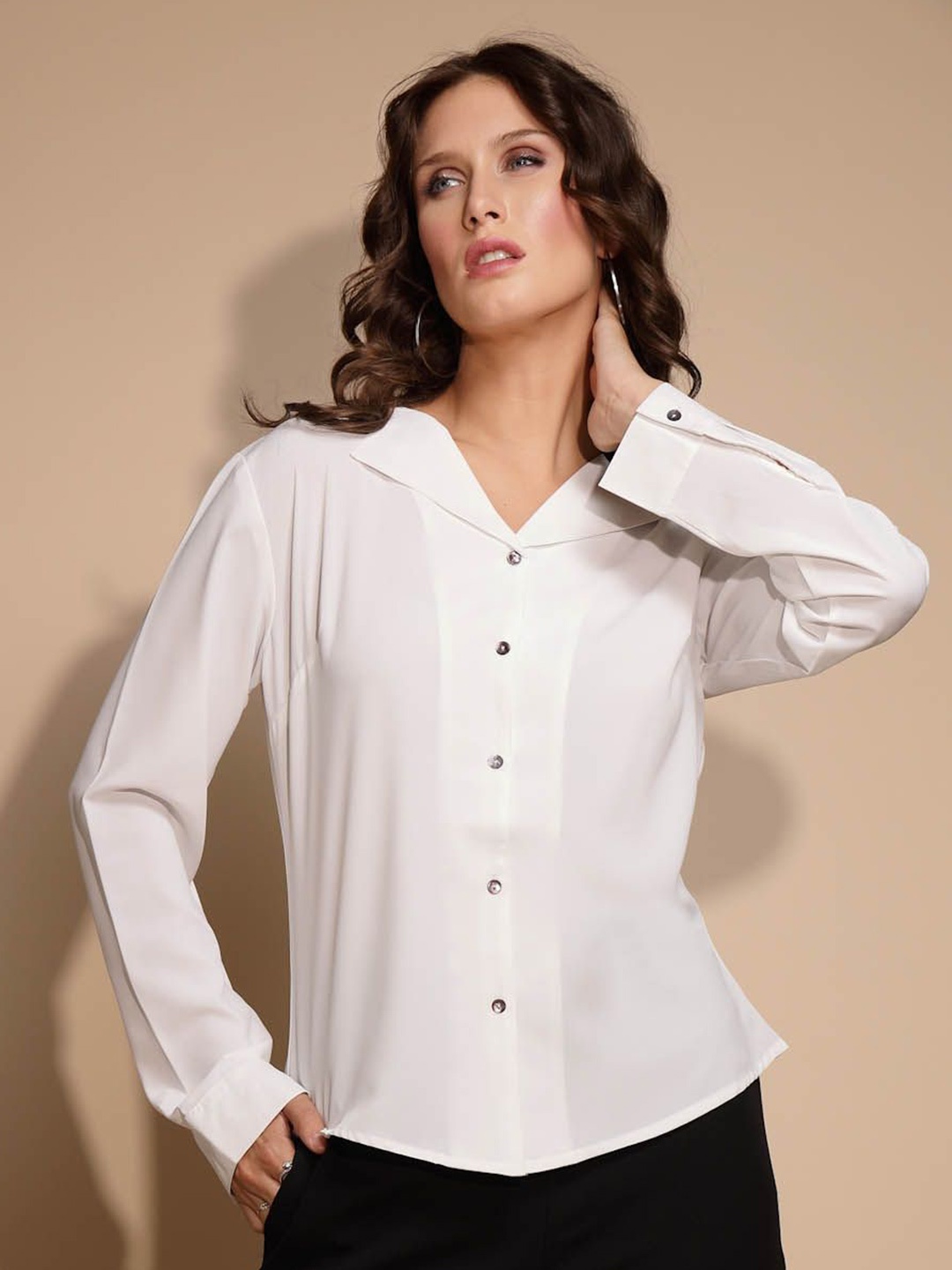 

Global Republic Women Comfort Fit Wrinkle Free Solid Casual Shirt, White