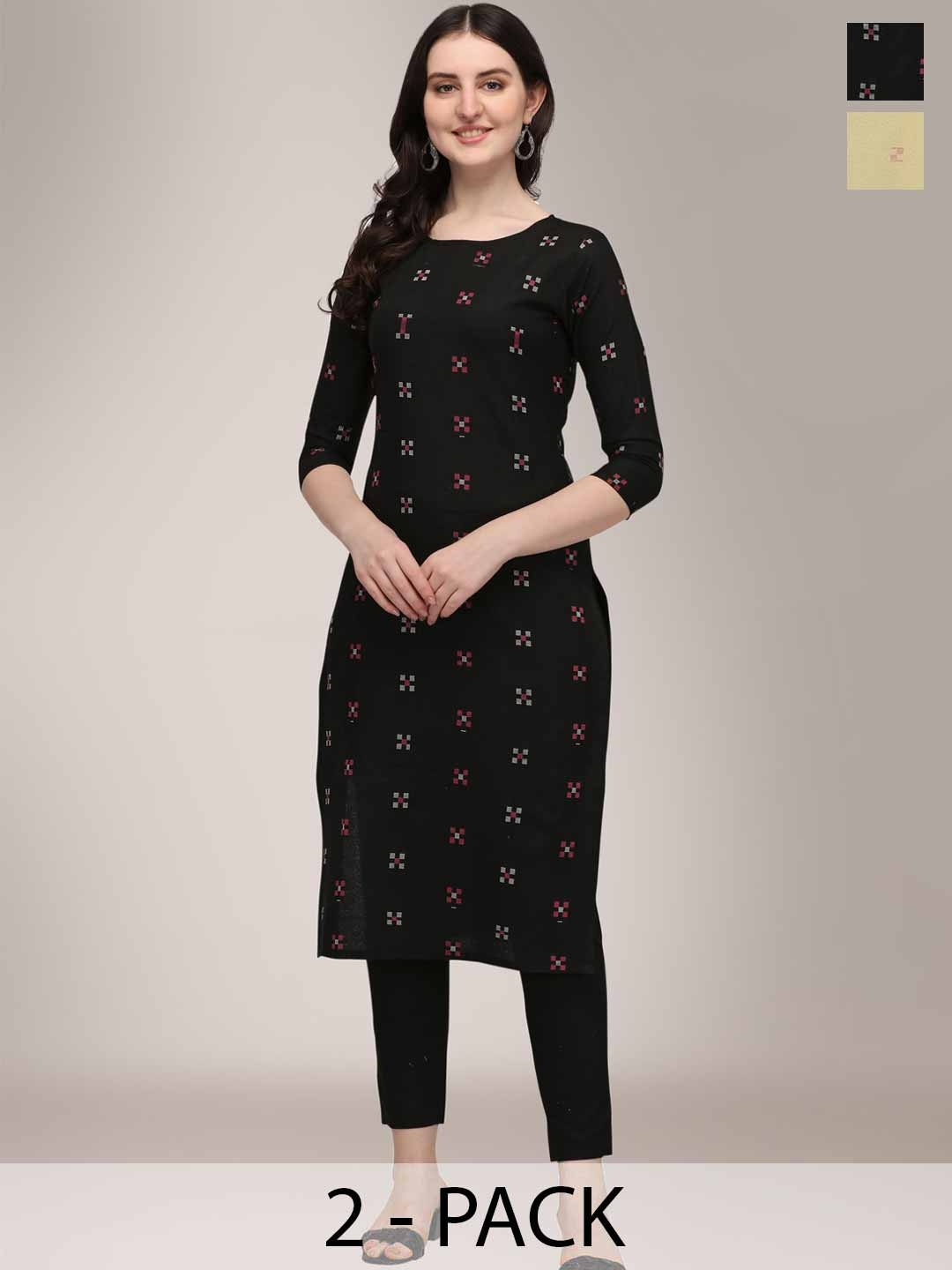 

KALINI Selection Of 2 Geometric Printed Round Neck Straight Kurtas With Trousers, Black