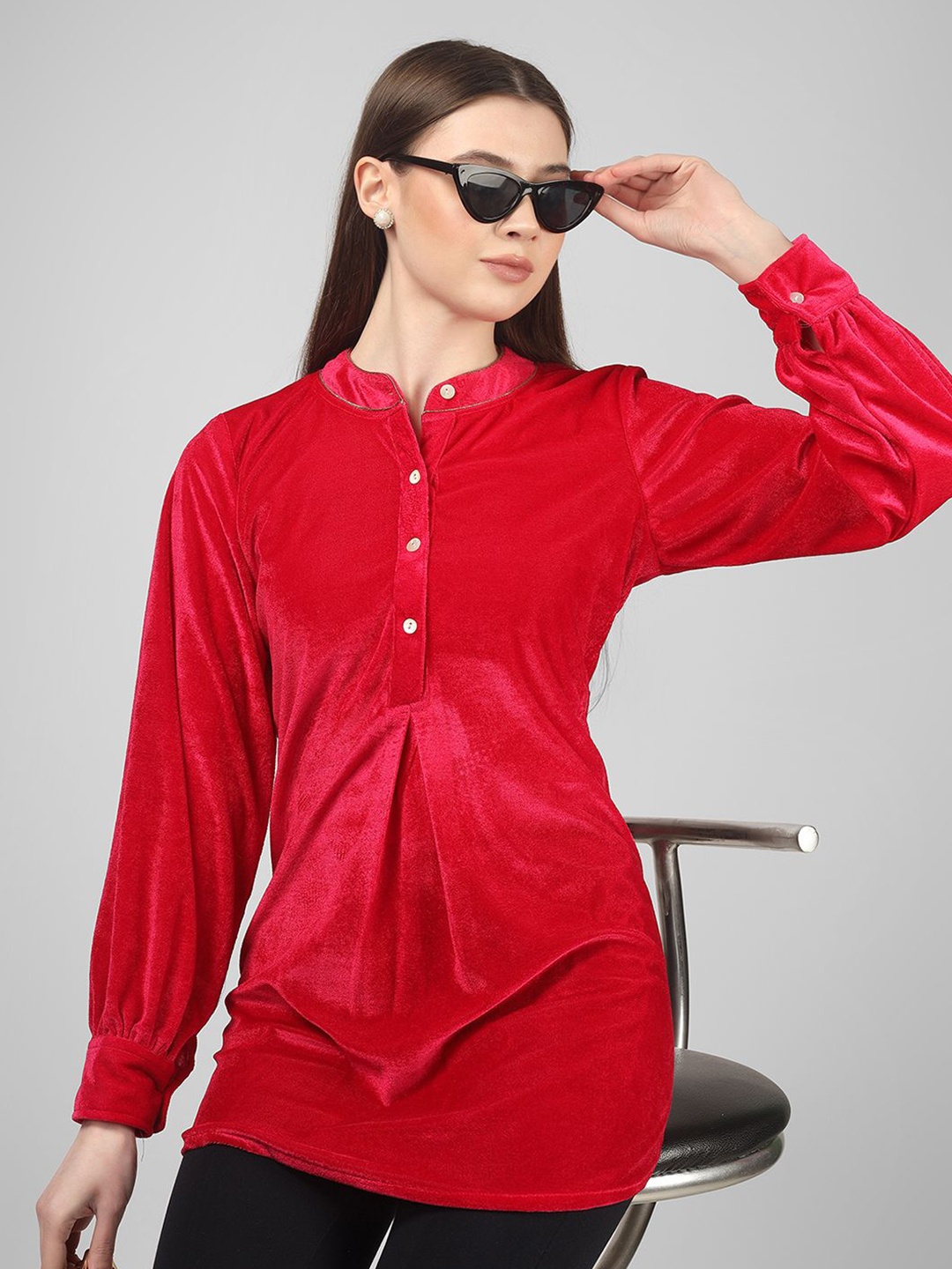 

UNLOKALE Women Mandarin Collar Cuffed Sleeves Velvet Top, Magenta