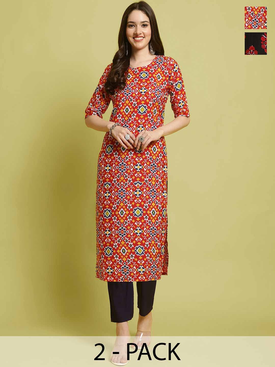 

7Threads Selection Of 2 Ethnic Motifs Printed Round Neck Straight Kurta With Trousers, Red