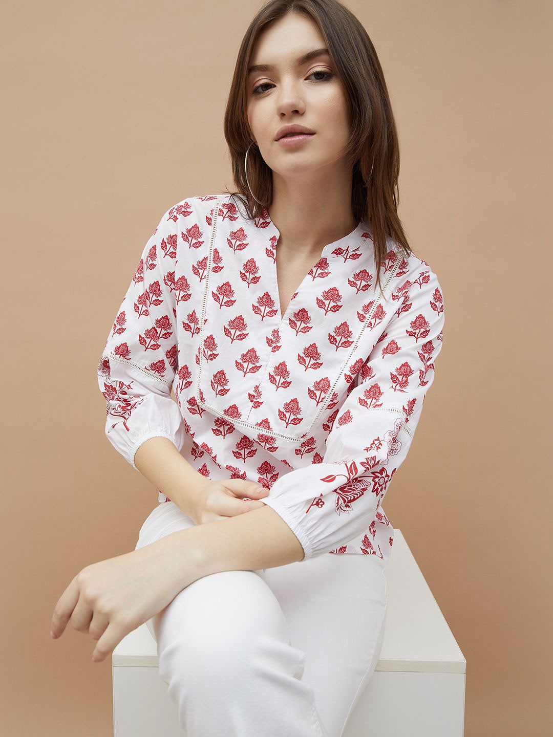 

Colour Me by Melange Floral Printed Mandarin Collar Cotton Top, White