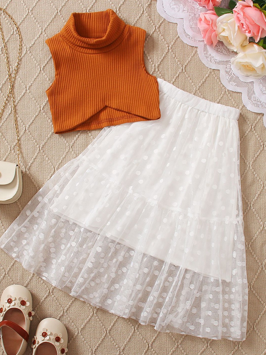 

INCLUD Girls Turtle Neck Top With Skirt, Orange
