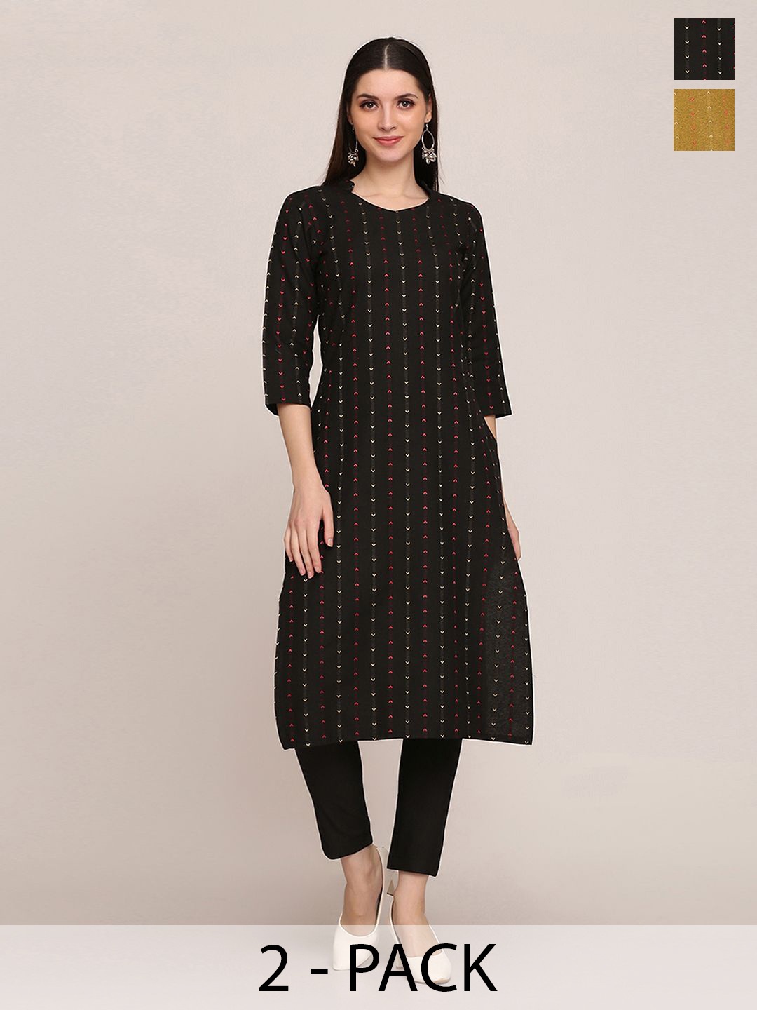 

KALINI Selection Of 2 Striped Printed Straight Kurtas With Trousers, Black