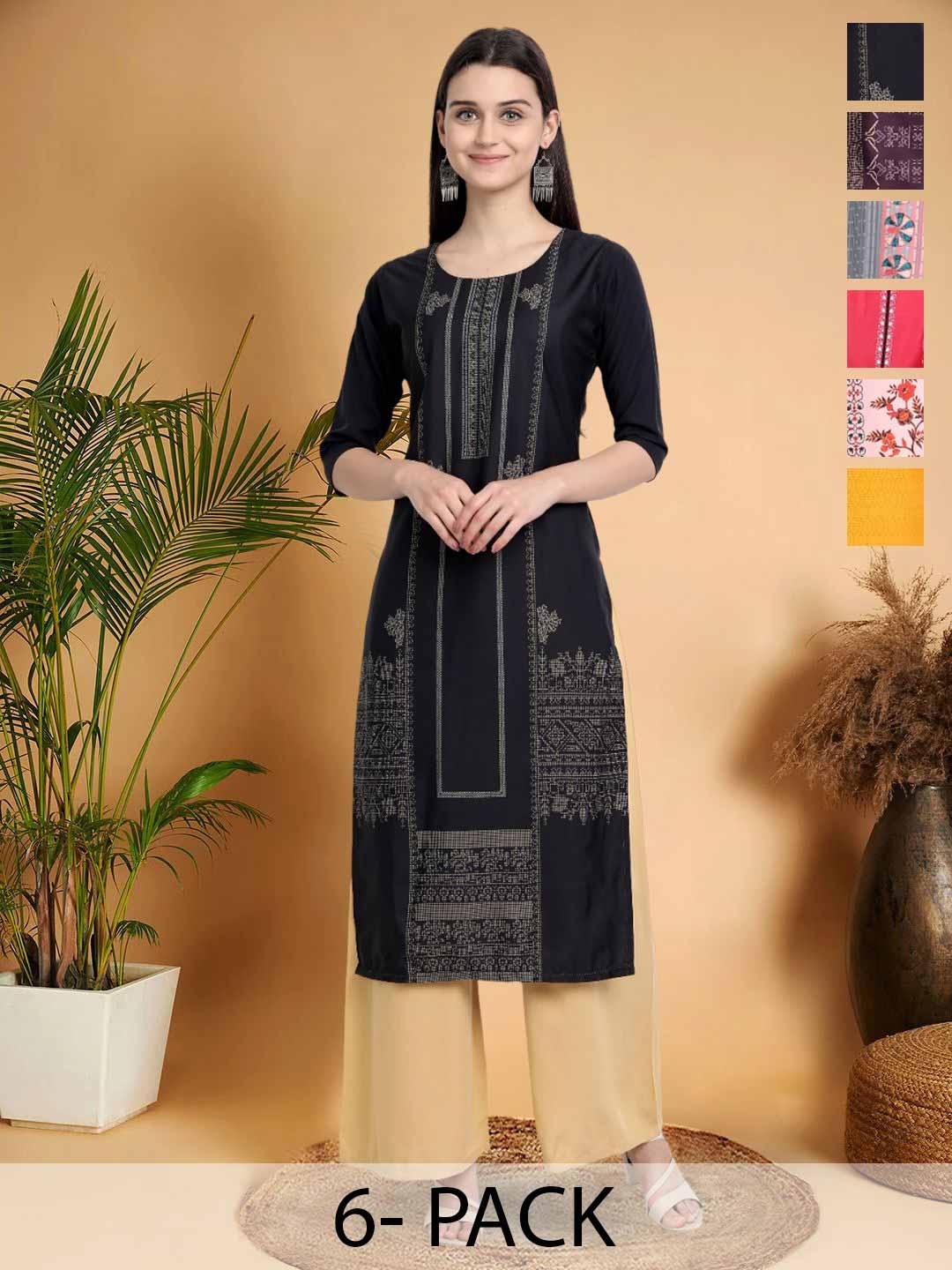 

7Threads Selection Of 6 Ethnic Motifs Printed Round Neck Straight Kurtas, Black