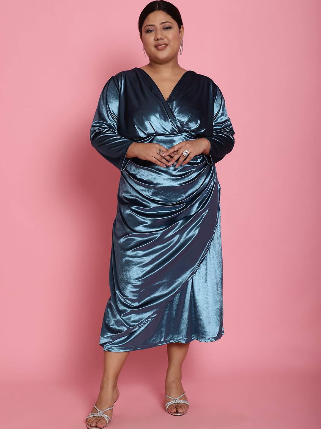 

theRebelinme Women Plus Size Pleated Velvet A-Line Midi Dress, Teal