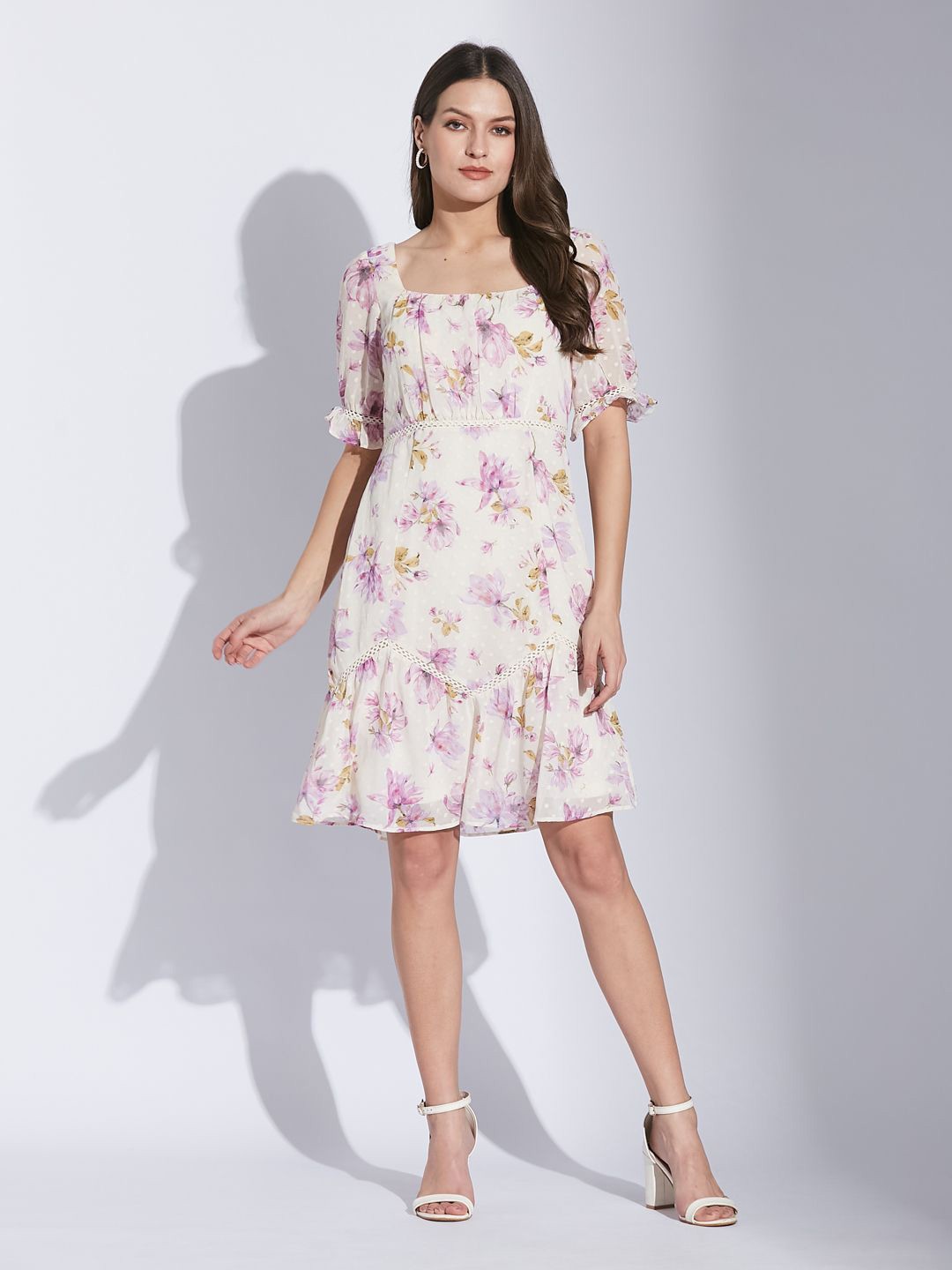 

Latin Quarters Women Floral Printed Drop-Waist Above Knee Dress, White