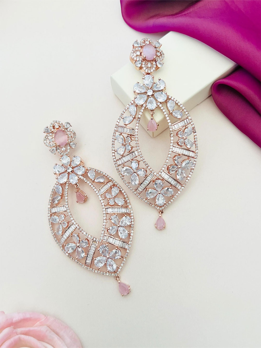 

ABDESIGNS Rose Gold-Plated Artificial Stones and Beads Classic Drop Earrings
