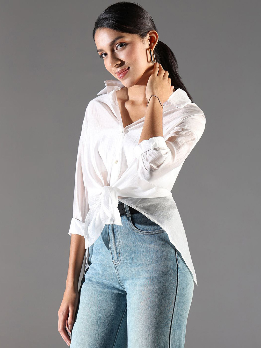 

SHOWOFF Women Comfort Fit Spread Collar Solid Poly Silk Casual Shirt, White
