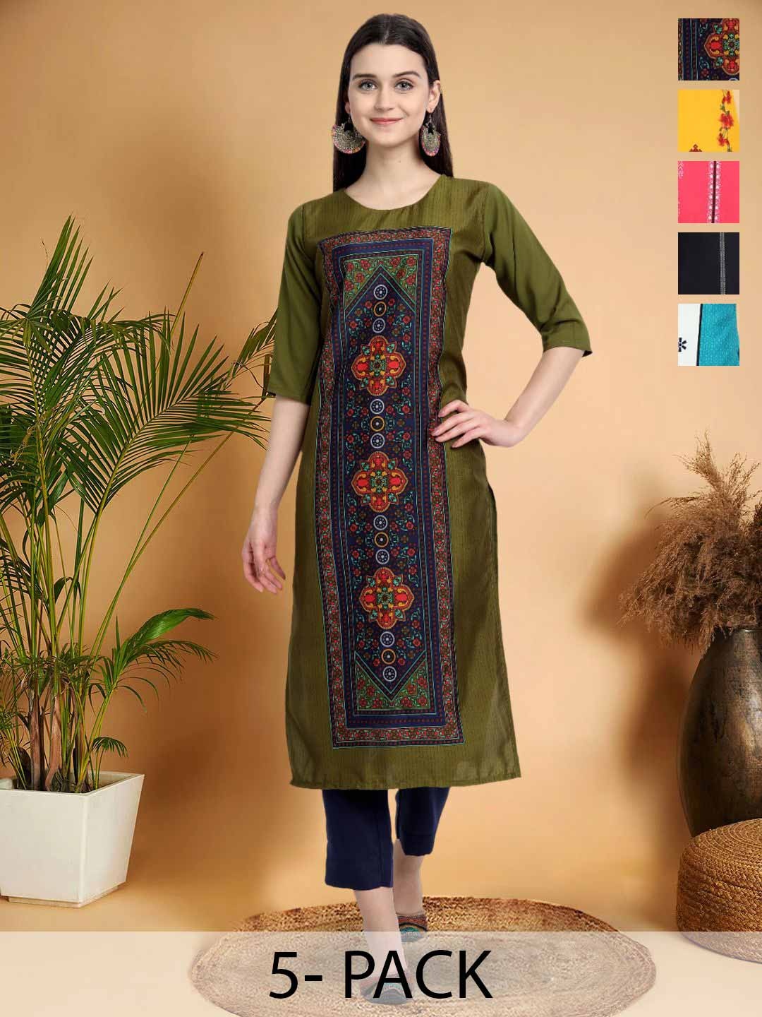 

7Threads Selection Of 5 Ethnic Motifs Printed Round Neck Straight Kurta, Black