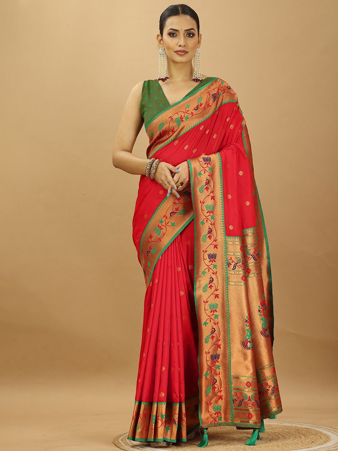 

SWAMI STUDIO Woven Design Zari Pure Silk Paithani Saree, Red
