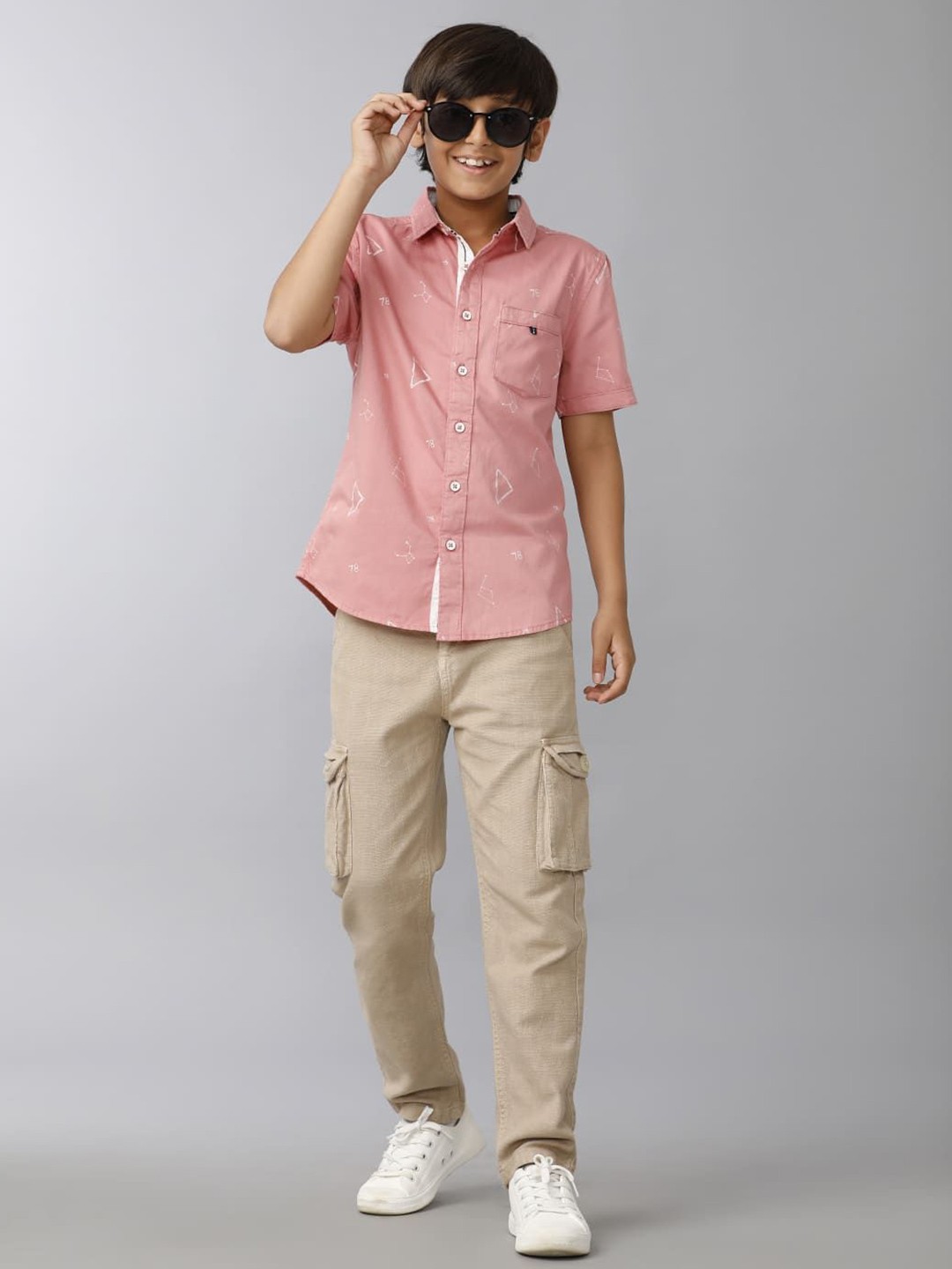 

UNDER FOURTEEN ONLY Boys Spread Collar Geometric Printed Cotton Casual Shirt, Peach