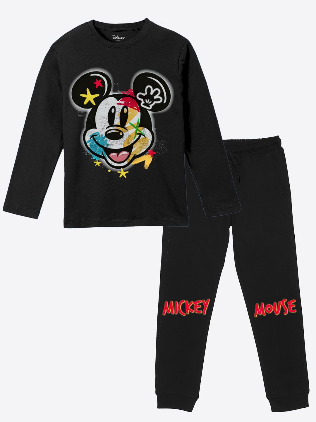 

YK Disney Boys Mickey Mouse Printed Round Neck Pure Cotton T-Shirt With Jogger, Black