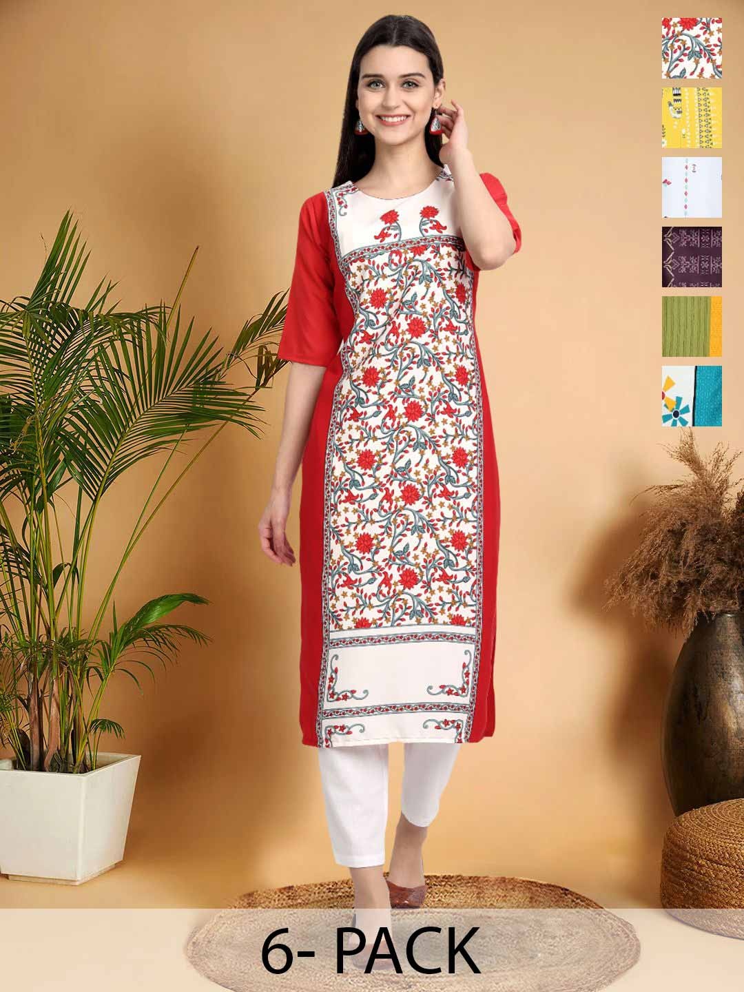 

7Threads Selection Of 6 Floral Printed Round Neck Straight Kurtas, Red