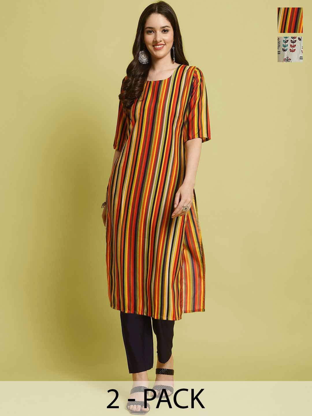 

7Threads Selection Of 2 Striped Printed Straight Kurta With Trousers, Yellow