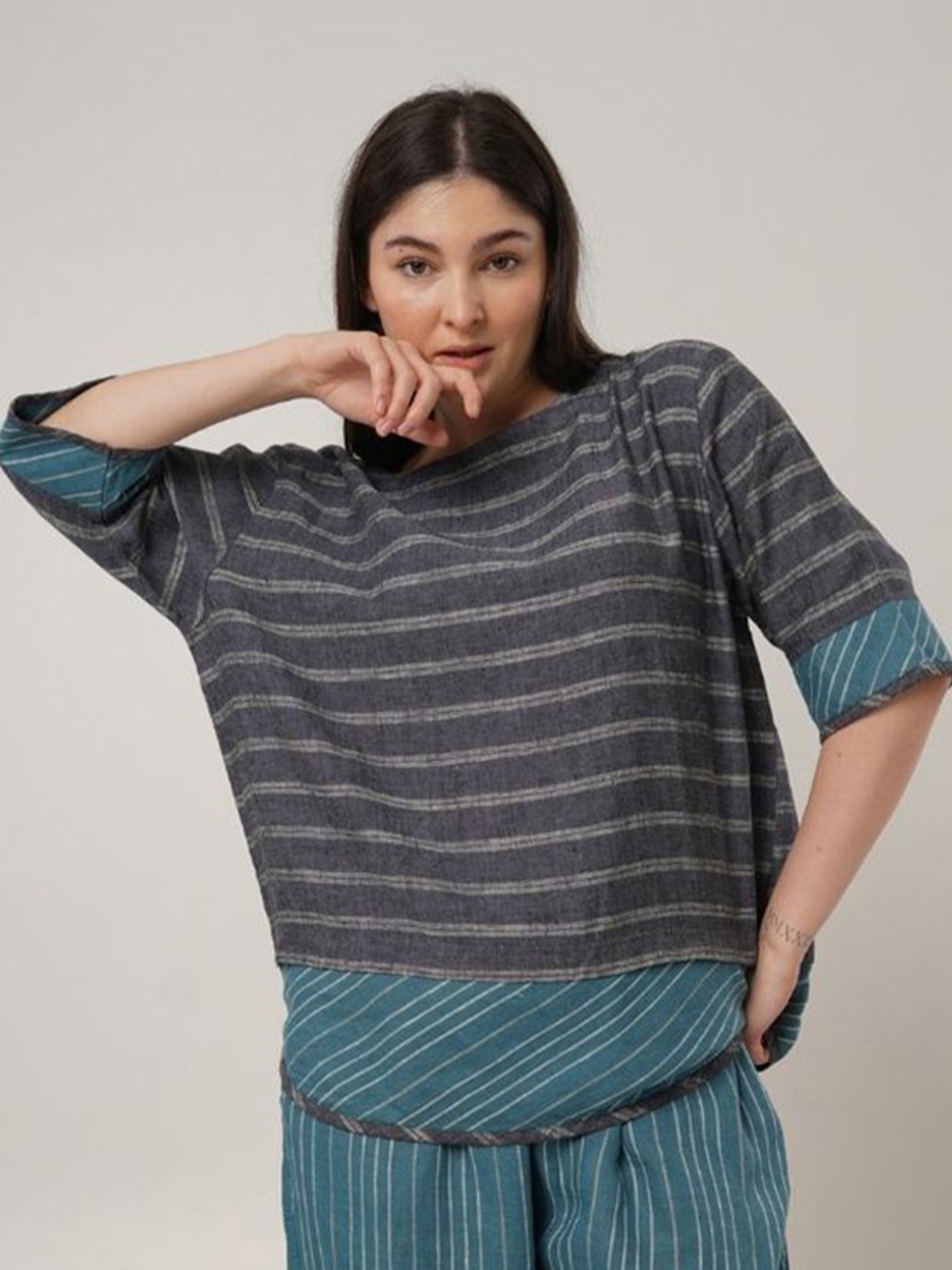 

Fabulous Women Striped Pure Linen Top, Grey