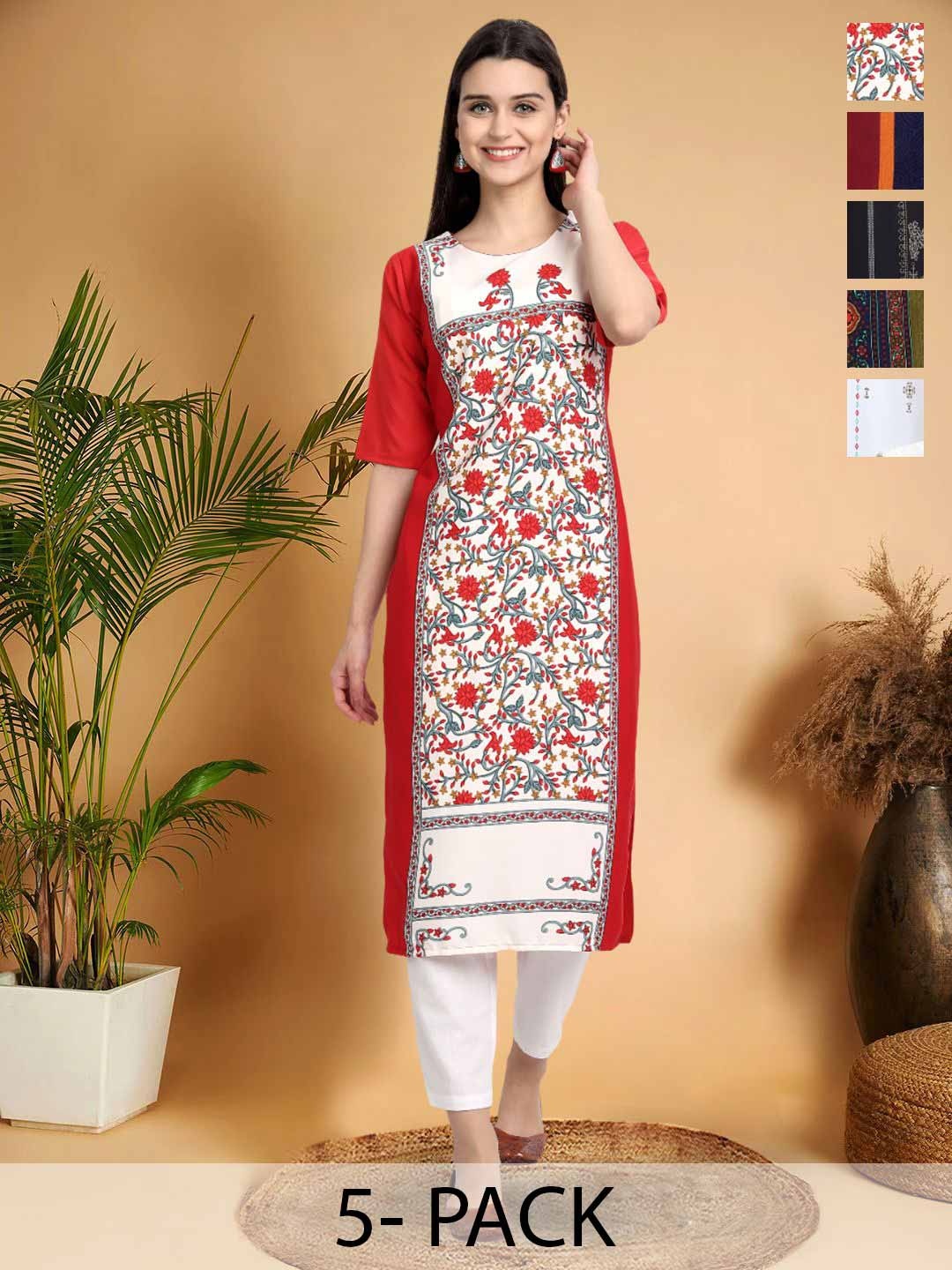 

7Threads Selection Of 5 Floral Printed Round Neck Straight Kurtas, Red
