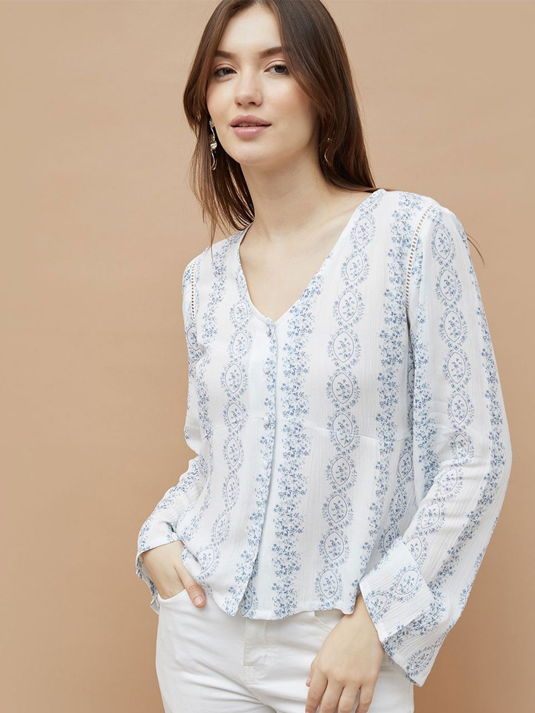 

Fame Forever by Lifestyle Women Printed V-Neck Shirt Style Top, Blue