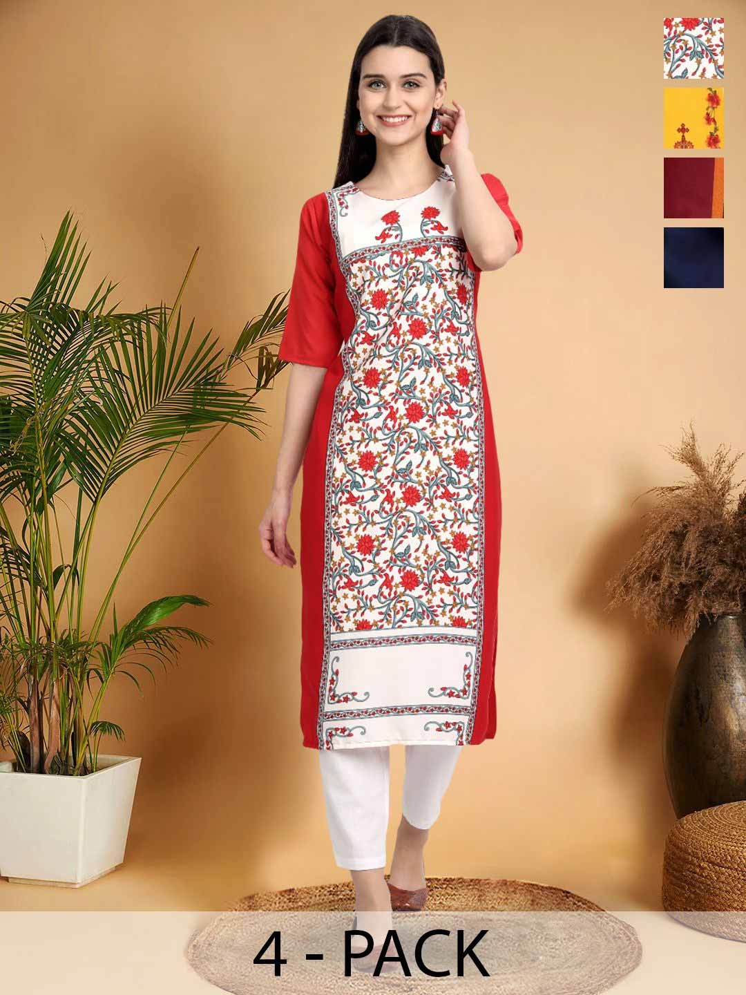 

7Threads Selection Of 4 Floral Printed Round Neck Straight Kurtas, Red