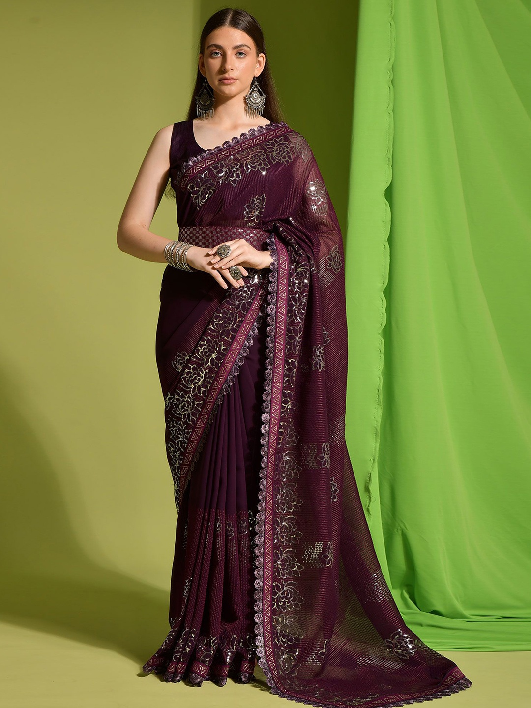

Peachmode Embellished Sequinned Pure Georgette Saree, Purple