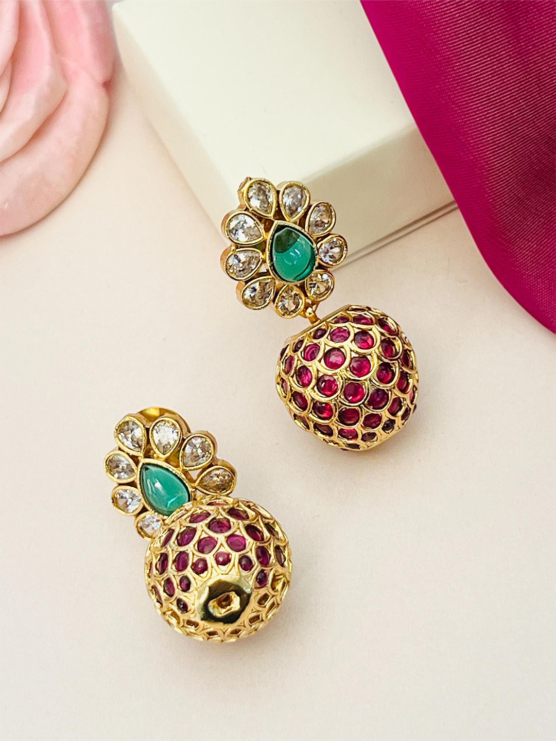 

ABDESIGNS Enchanting Gold-Plated Classic Artificial Stones and Beads Drop Earrings