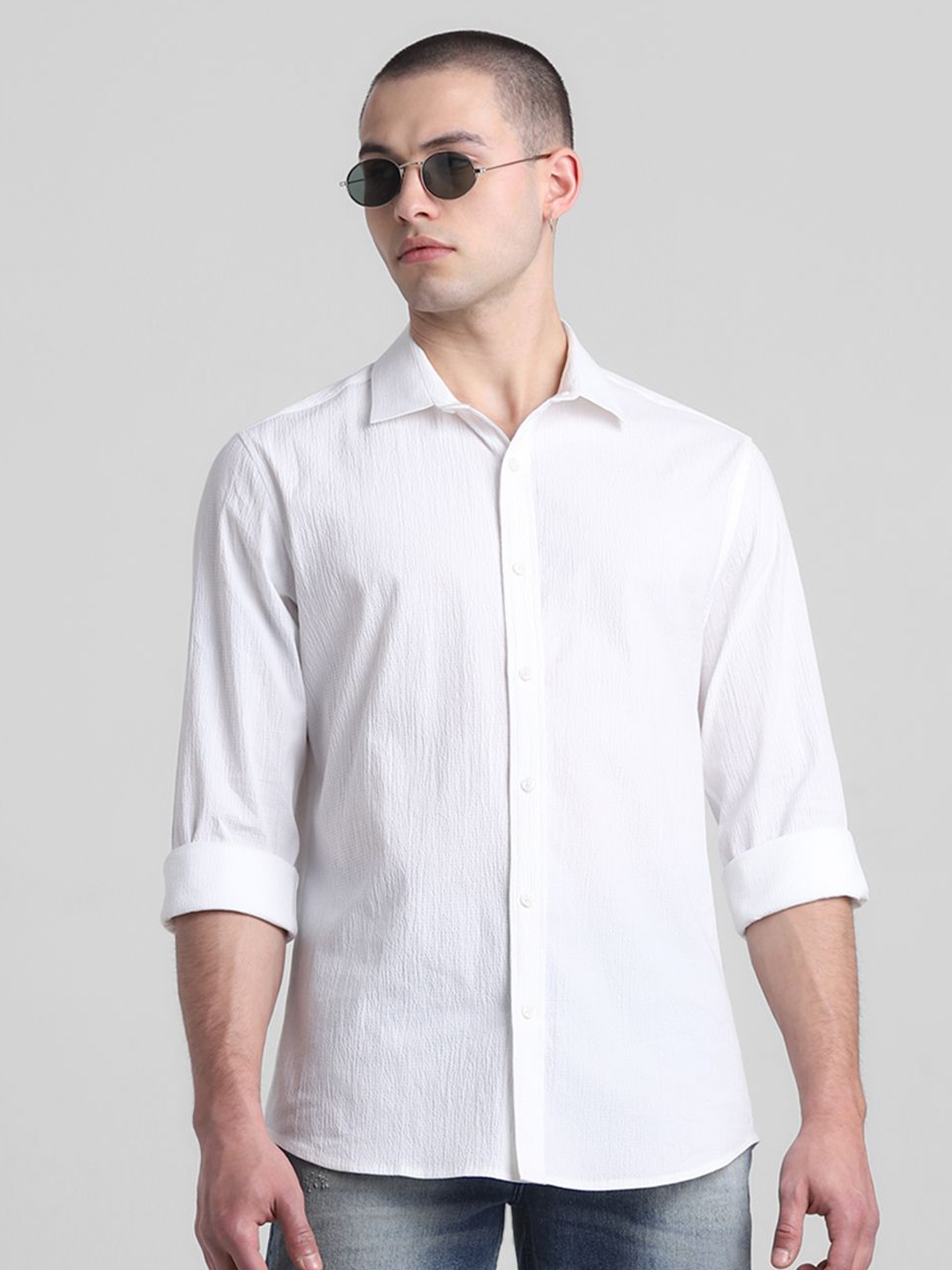 

Jack & Jones Men Spread Collar Solid Cotton Casual Shirt, White