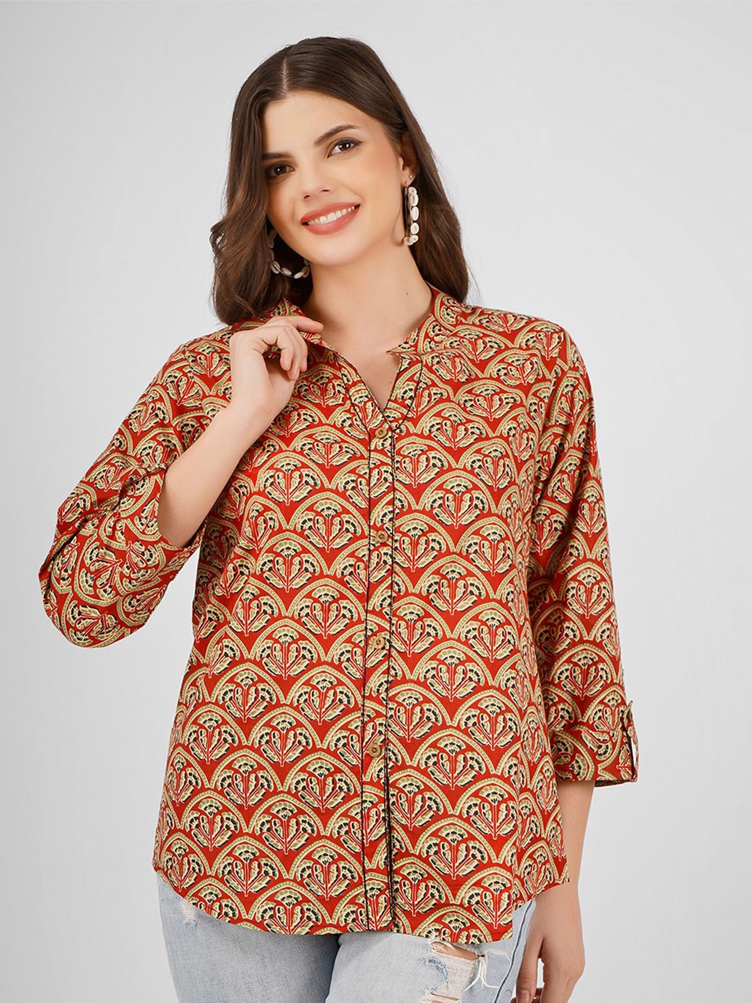 

UNLOKALE Women Ethnic Motifs Printed Cotton Shirt Style Top, Red