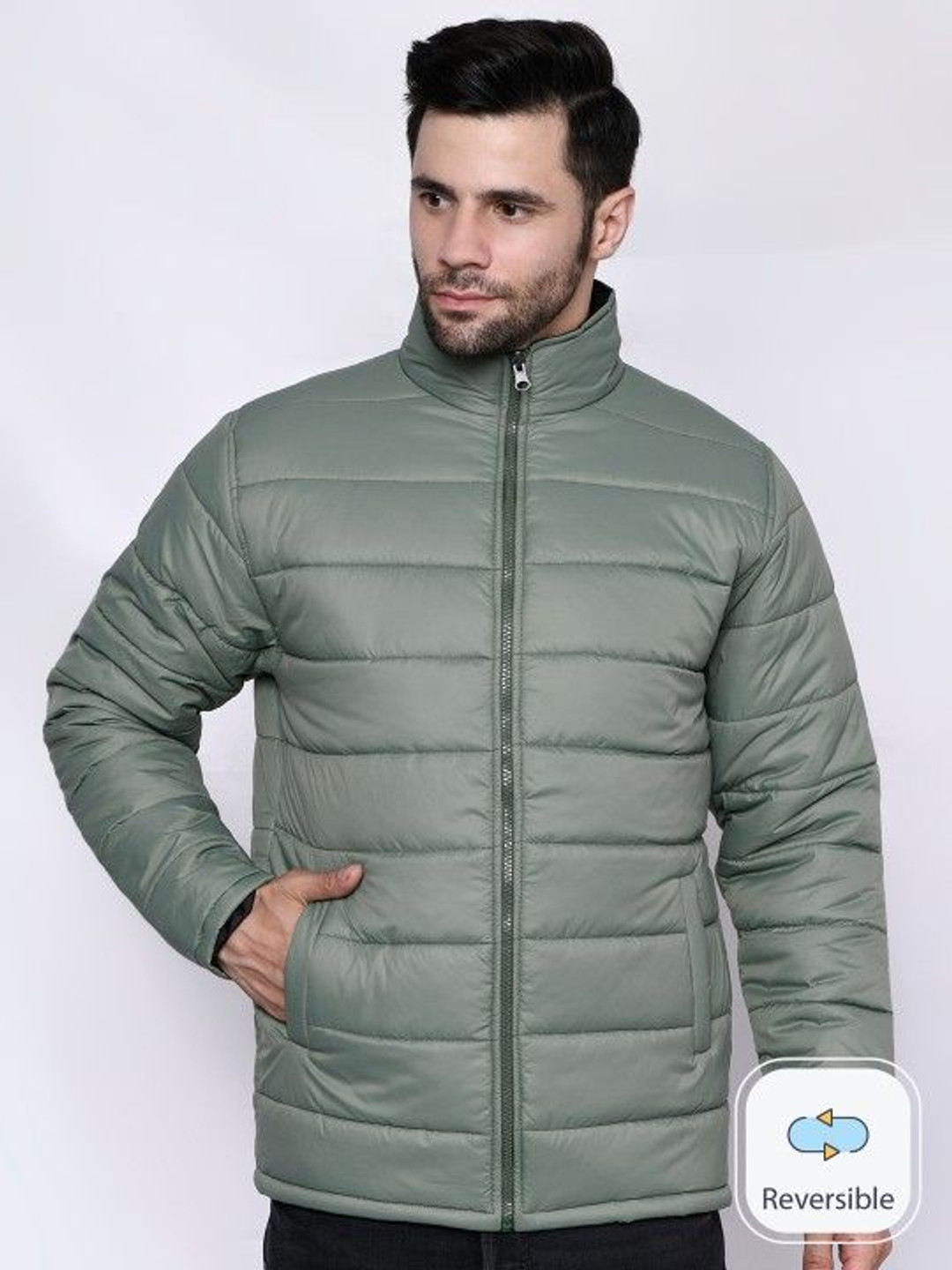 

Mark Leute Men Mock Collar Solid Casual Padded Reversible Jacket, Green