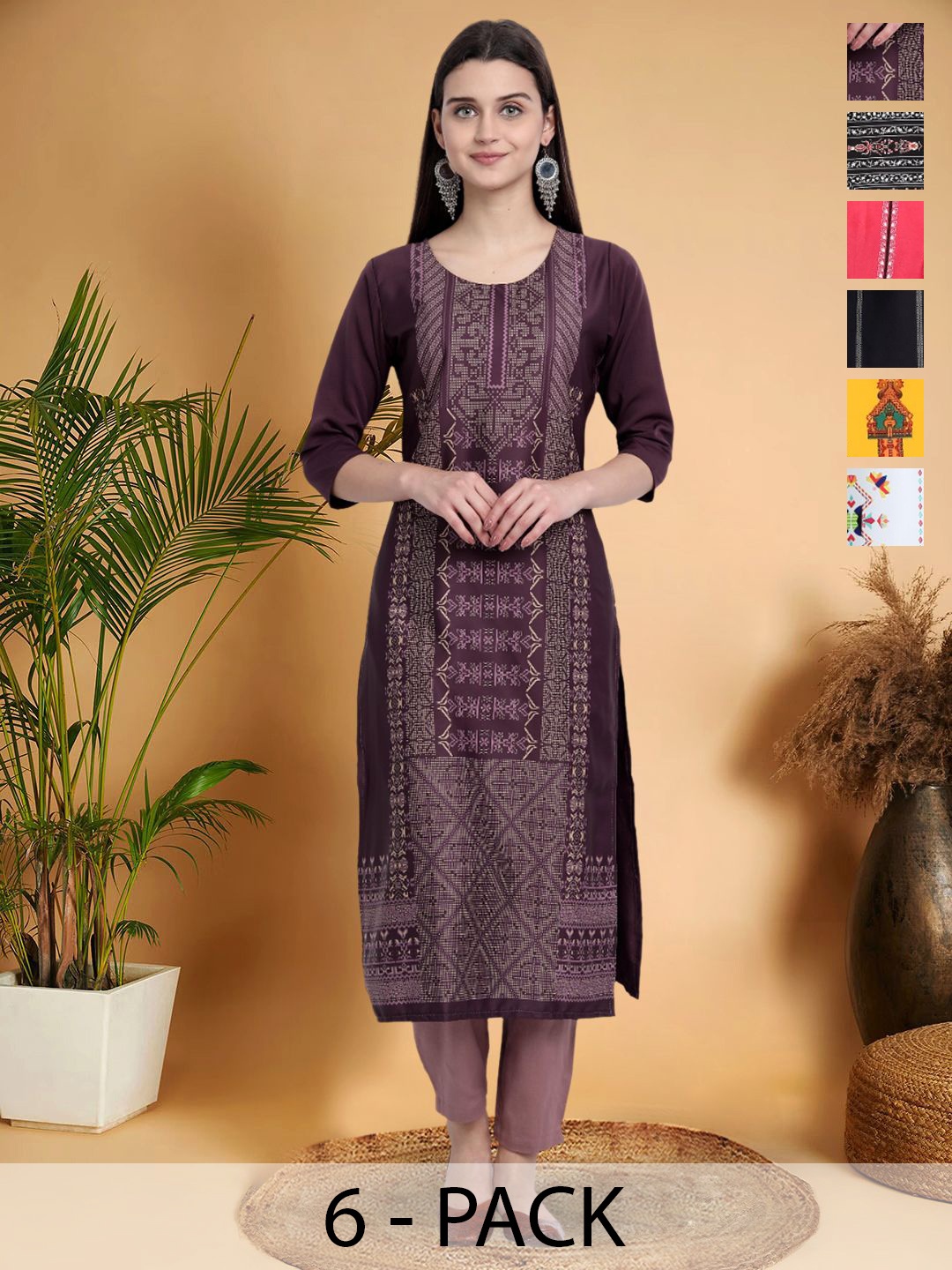 

7Threads Selection Of 6 Ethnic Motifs Printed Round Neck Straight Kurtas, Purple