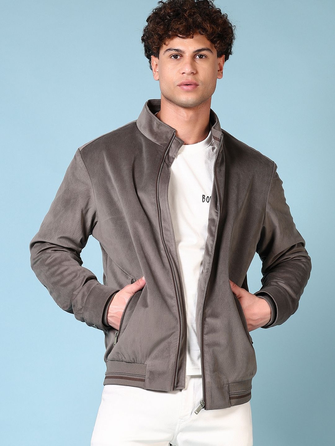 

V-Mart Men Mock Collar Solid Cotton Casual Bomber Jacket, Grey