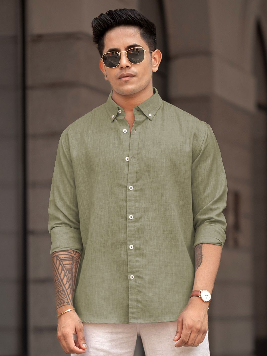 

Powerlook Men Button-Down Collar Solid Cotton Casual Shirt, Green