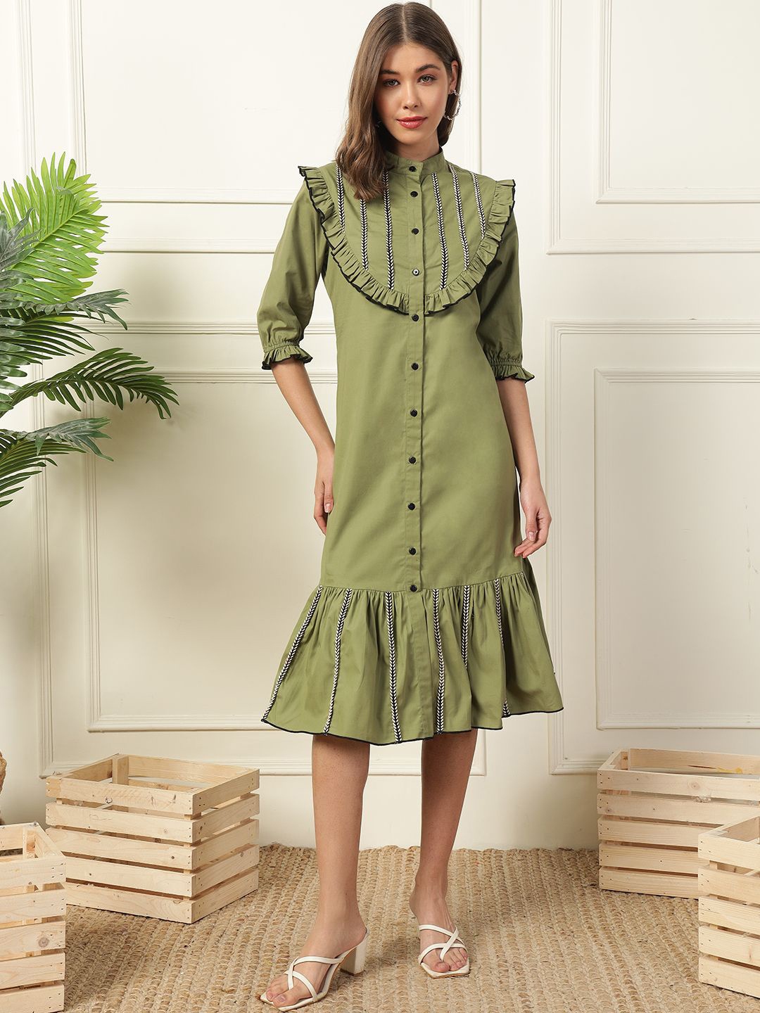 

DEEBACO Women Puff Sleeves Mandarin Collar Cotton Shirt Midi Dress, Sea green