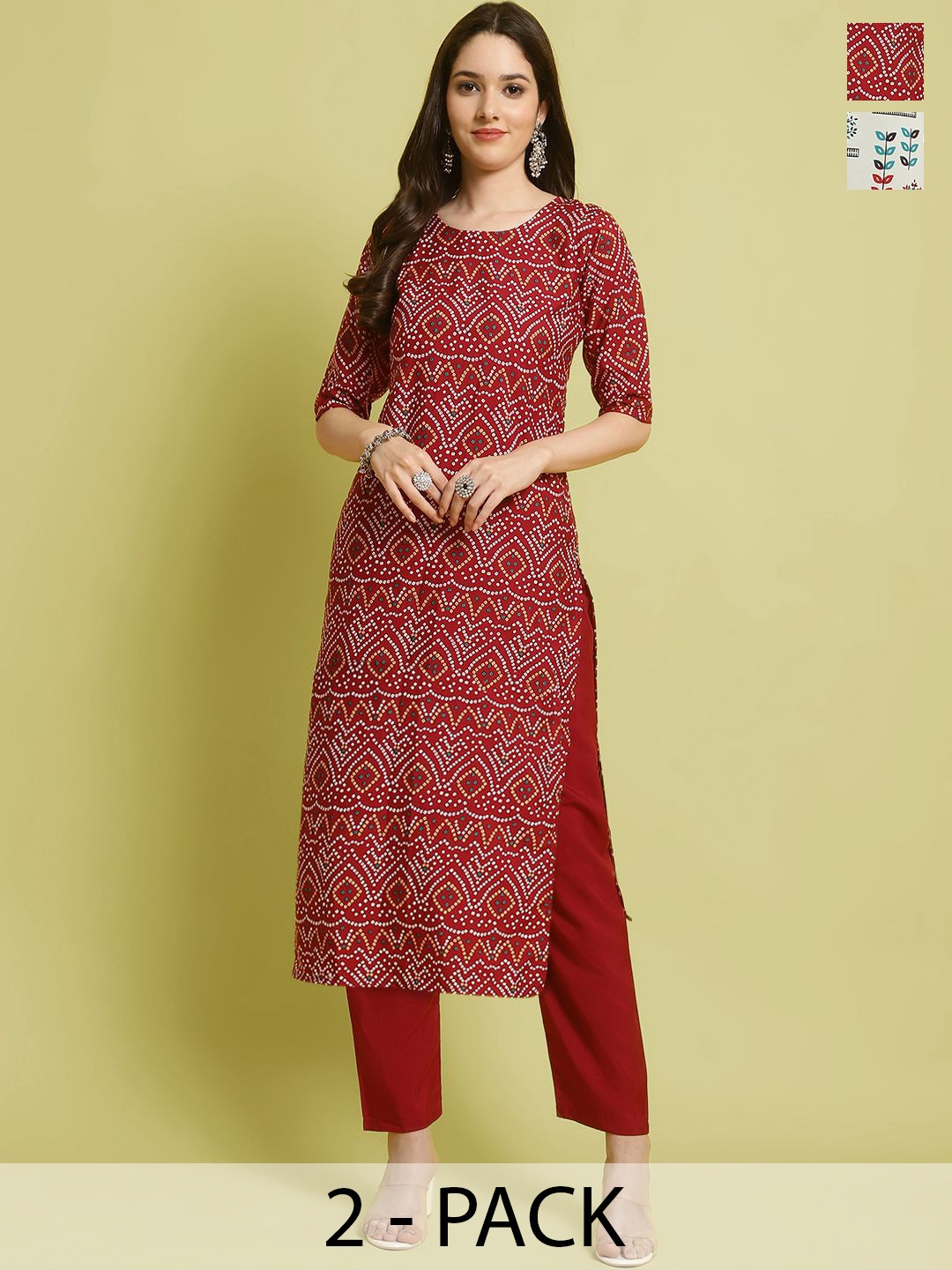 

7Threads Selection Of 2 Ethnic Motifs Printed Round Neck Straight Kurta With Trousers, Red