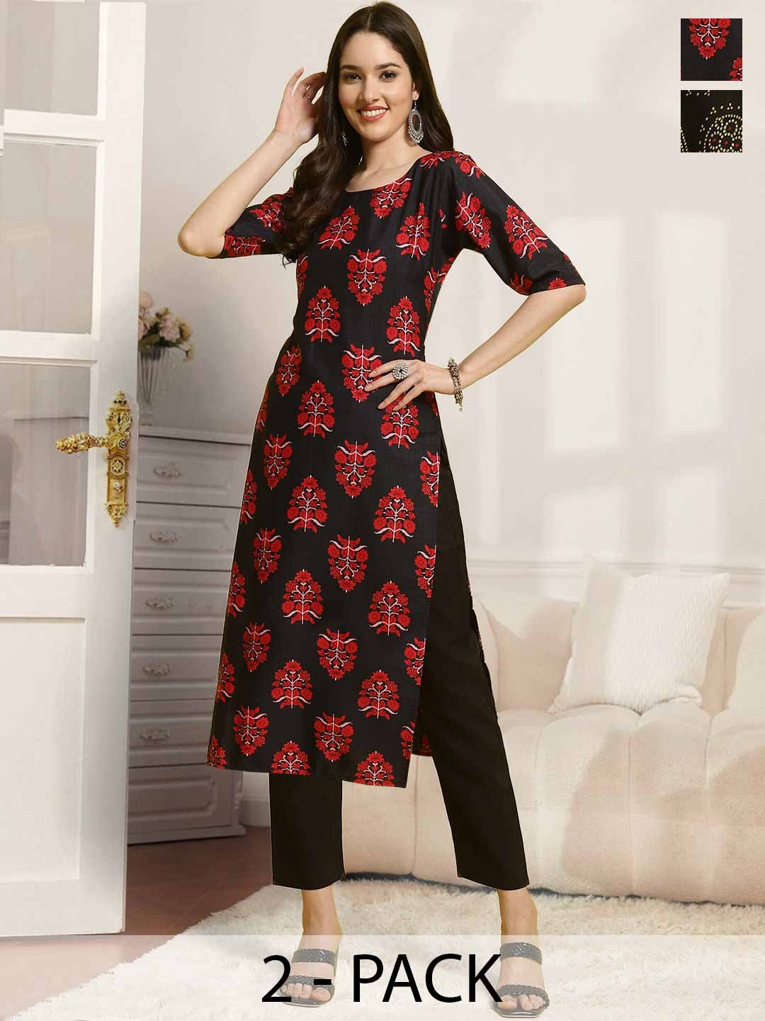 

7Threads Selection Of 2 Floral Printed Straight Kurtas With Trousers, Black