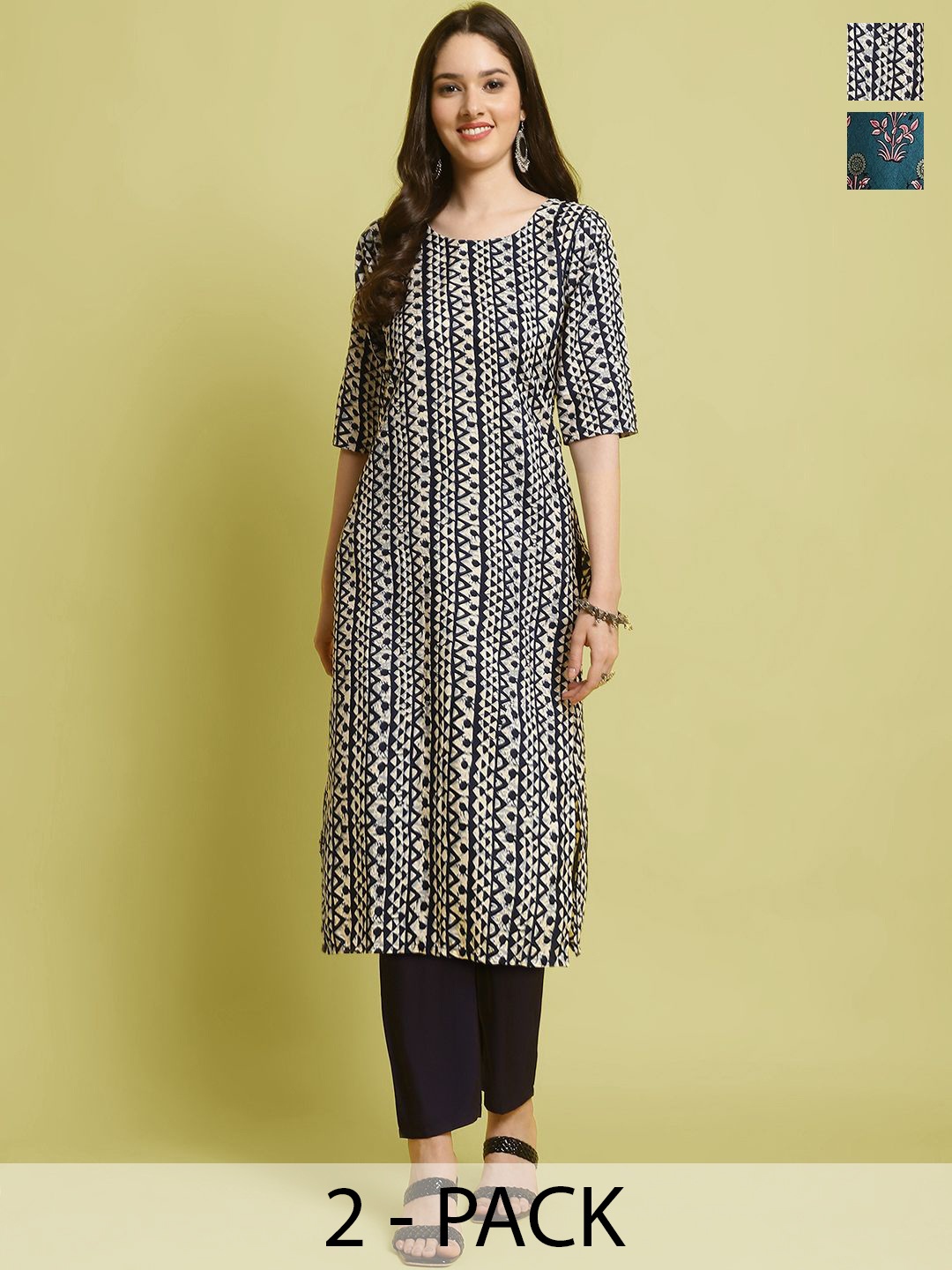 

7Threads Selection Of 2 Geometric Printed Straight Kurta With Trousers, Black