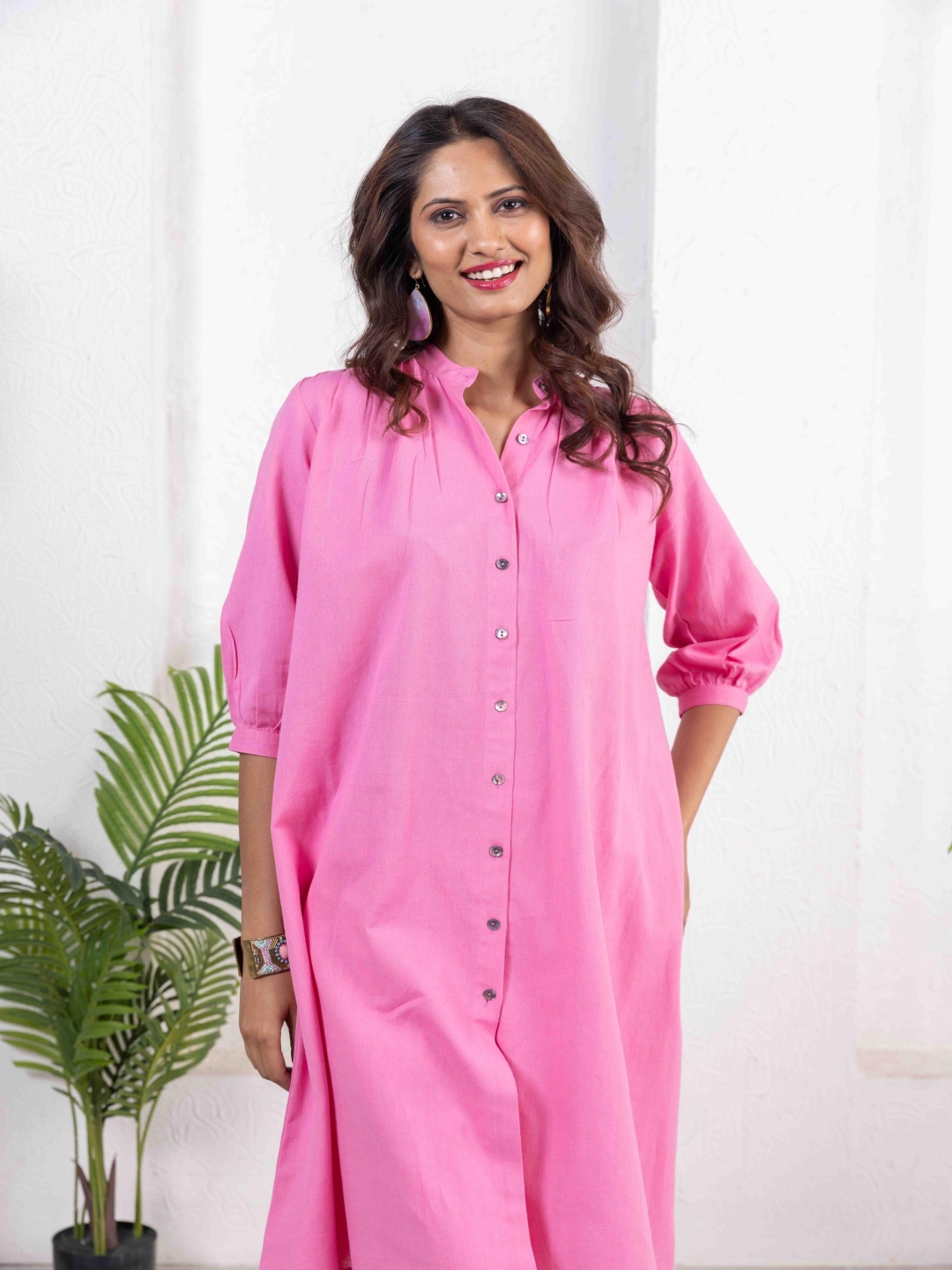 

INAAYA JAIPUR Mandarin Collar Puff Sleeves Pure Cotton Kurta With Trouser, Pink