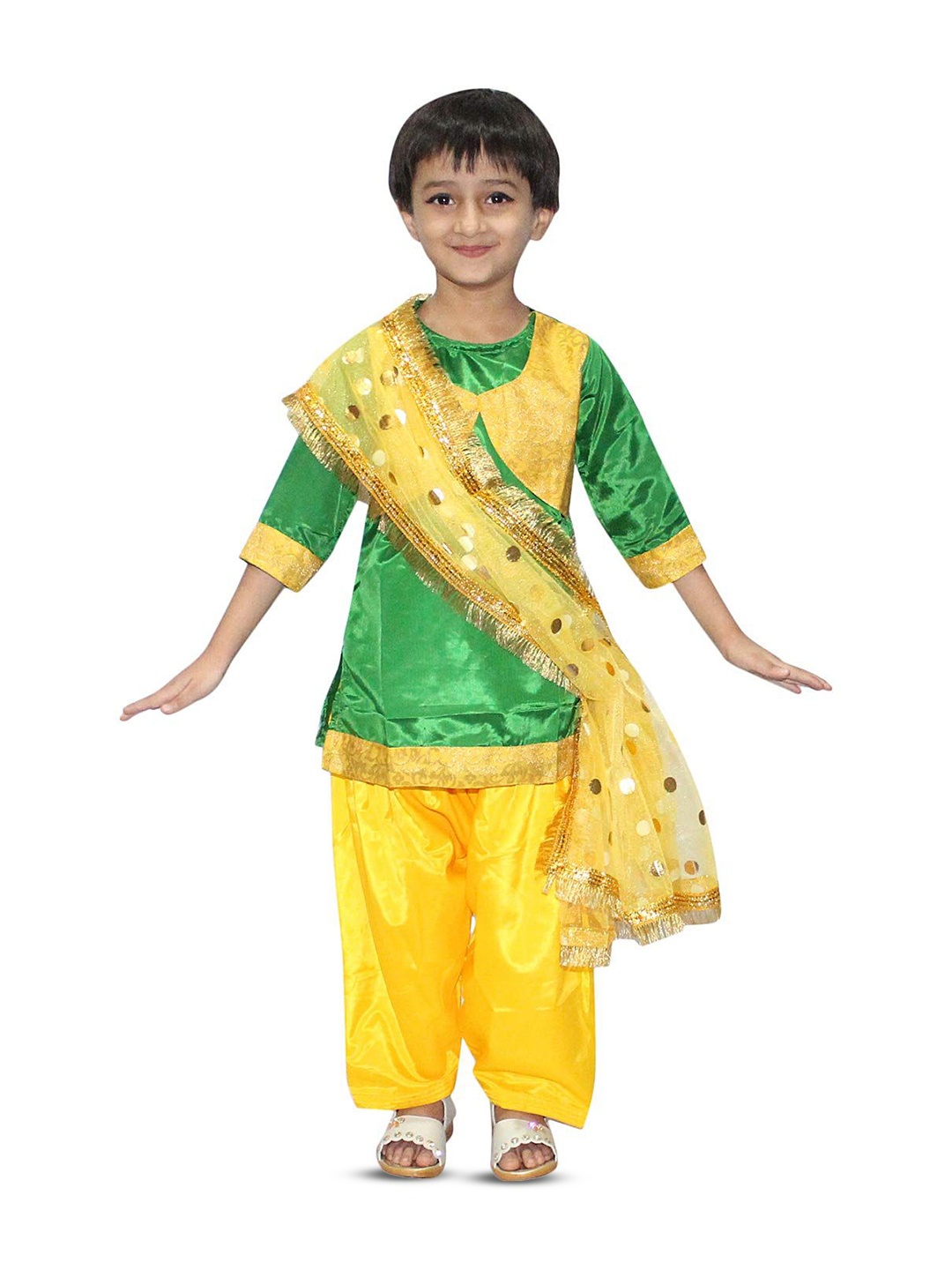 

Kaku Fancy dresses Girls Punjabi Folk Dance Costume Kurta With Trouser & Dupatta, Green