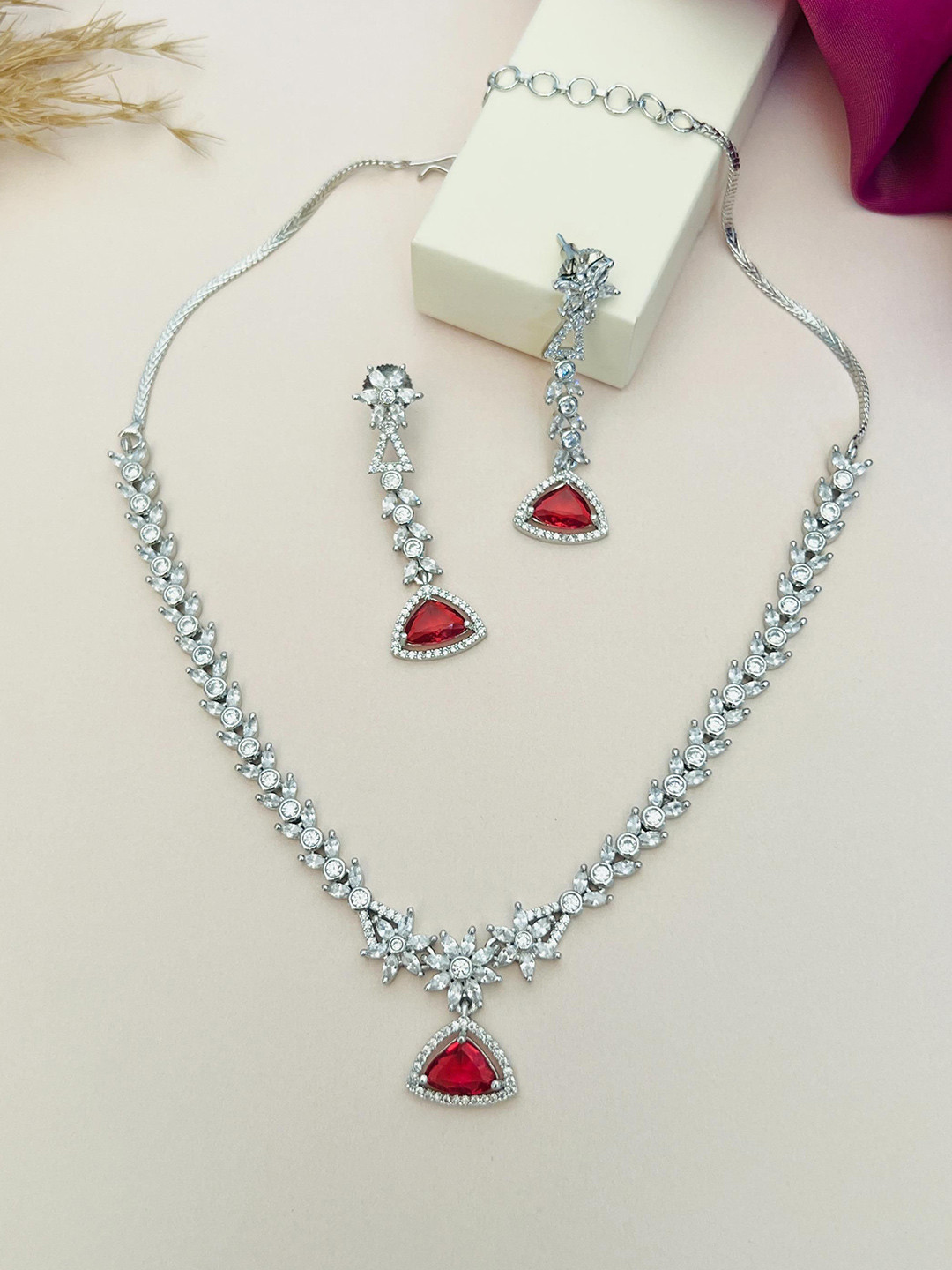 

ABDESIGNS Sliver Plated American Diamond Studded Jewellery Set, Silver