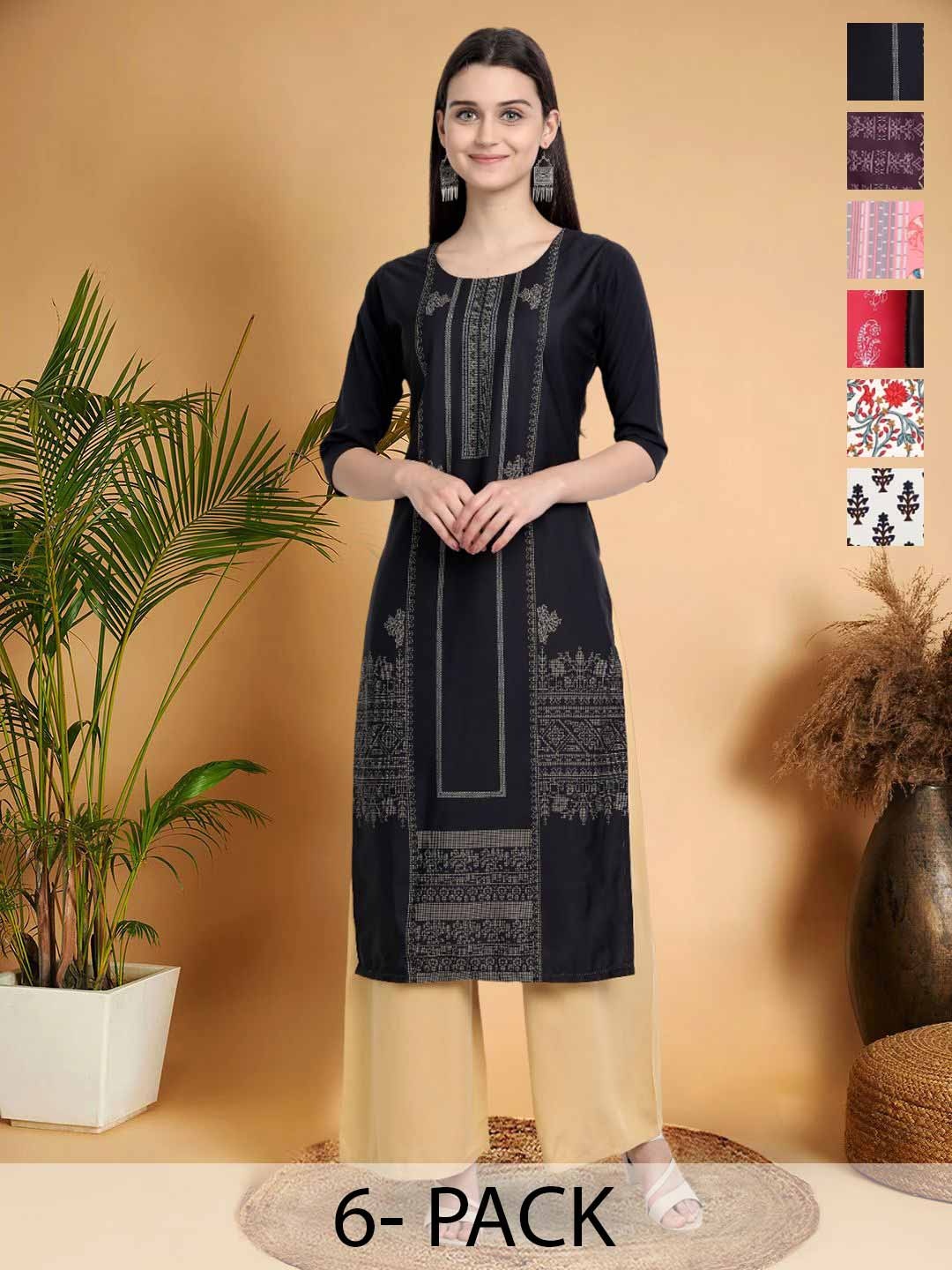 

7Threads Selection Of 6 Ethnic Motifs Printed Round Neck Kurtas, Black