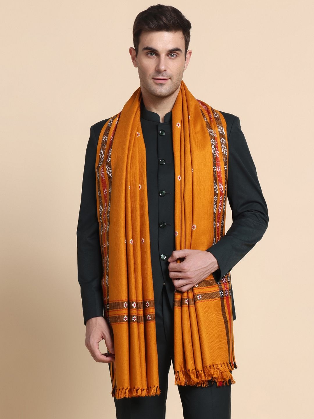 

WEAVERS VILLA Men Floral Woven Design Shawl, Mustard