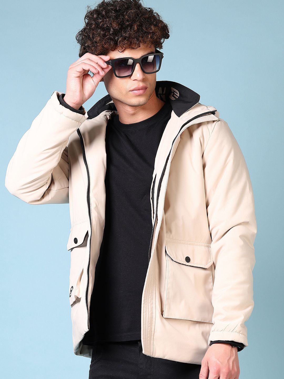 

V-Mart Men Hooded Solid Cotton Casual Bomber Jacket, Beige