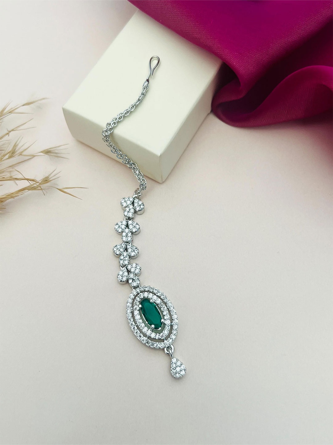 

ABDESIGNS Silver-Plated American Diamond Studded Maang Tikka