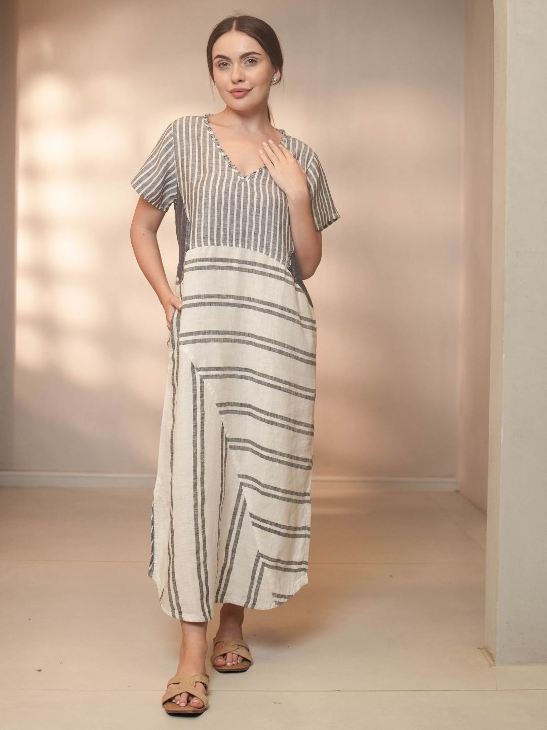 

Fabulous Women Striped A-Line Midi Dress, White